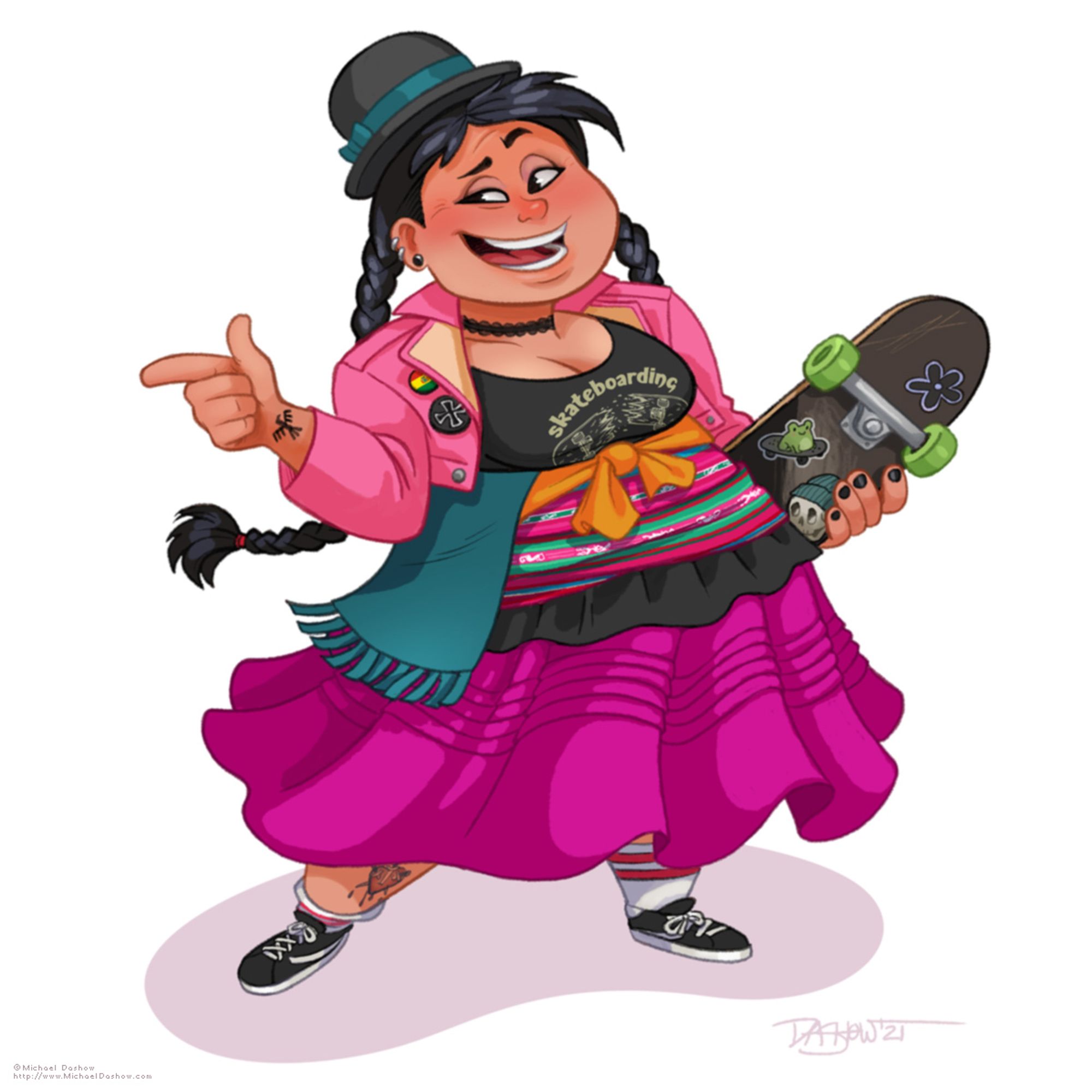 A Bolivian teen skateborder. She's holding her skateboard under one arm and wears a black skateboarding tee and sneakers and a pink jacket with lots of buttons, but the rest of her outfit is pure Bolivian: colorful skirt and wrappings around the waist and a small bowler hat.