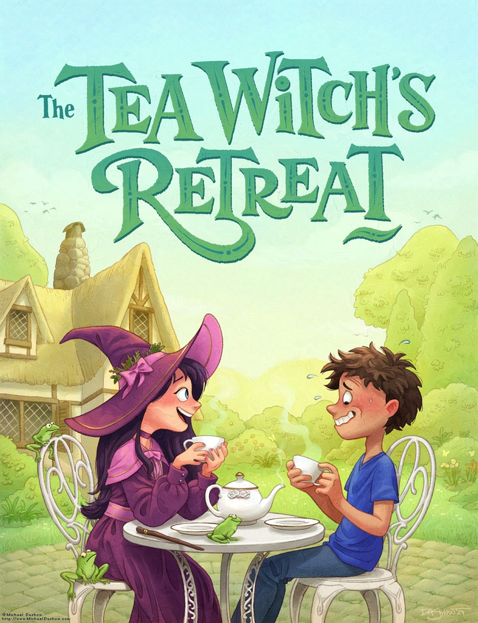 A girl witch and a boy sitting down for tea in a pretty garden next to a cottage. There are a handful of frogs around, including on the table. The girl in her purple witches' robes is talking animatedly about something while the boy is smiling nervously as he eyes the green steam from his tea and the frog on the table.
The image title reads "The Tea Witch's Retreat."