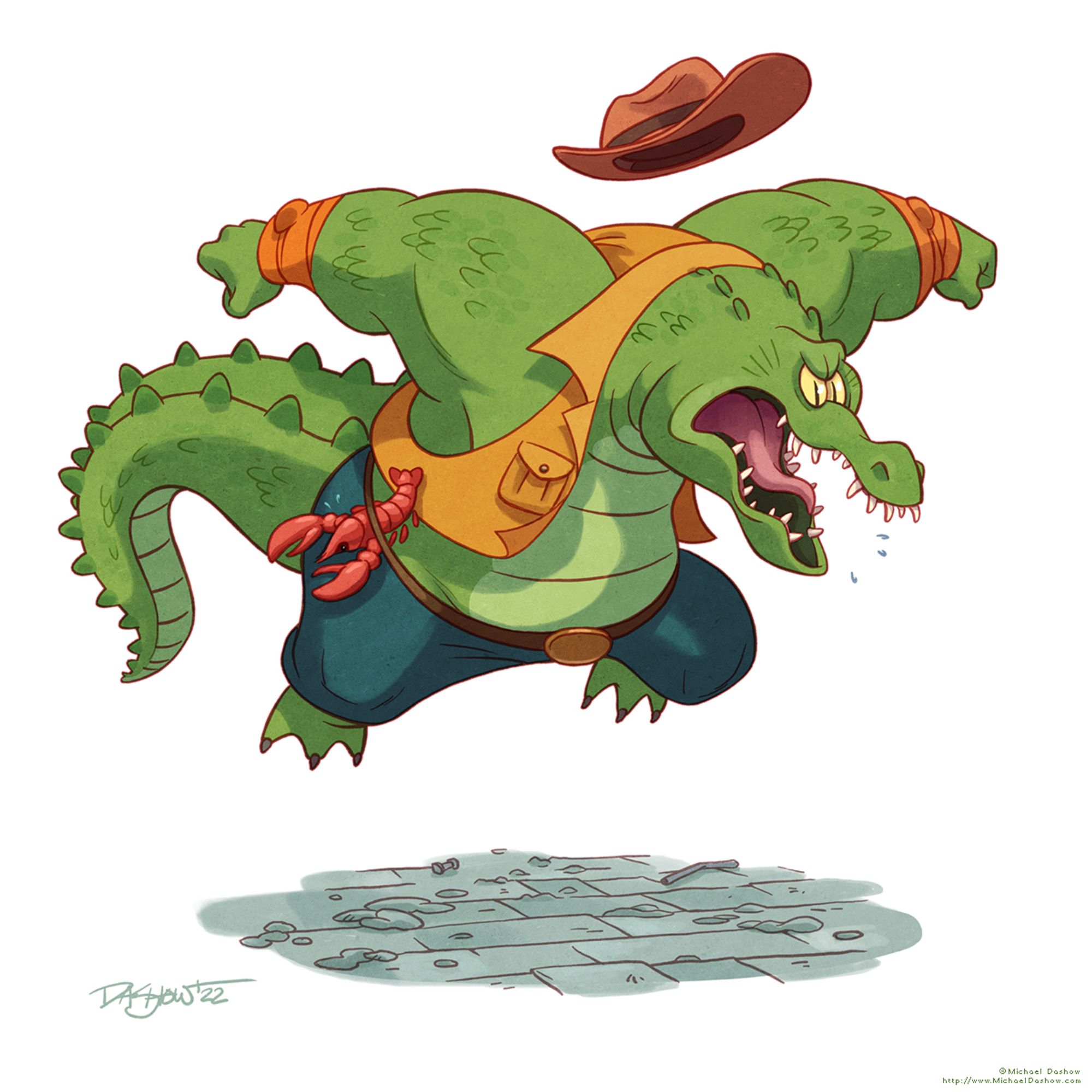 Leatherhead, a giant crocodile wearing pants and an outback vest and hat. He's got a crawfish tucked into his belt. He's jumping and he looks kinda angry, so best not to ask him if you can borrow a crawfish right now...