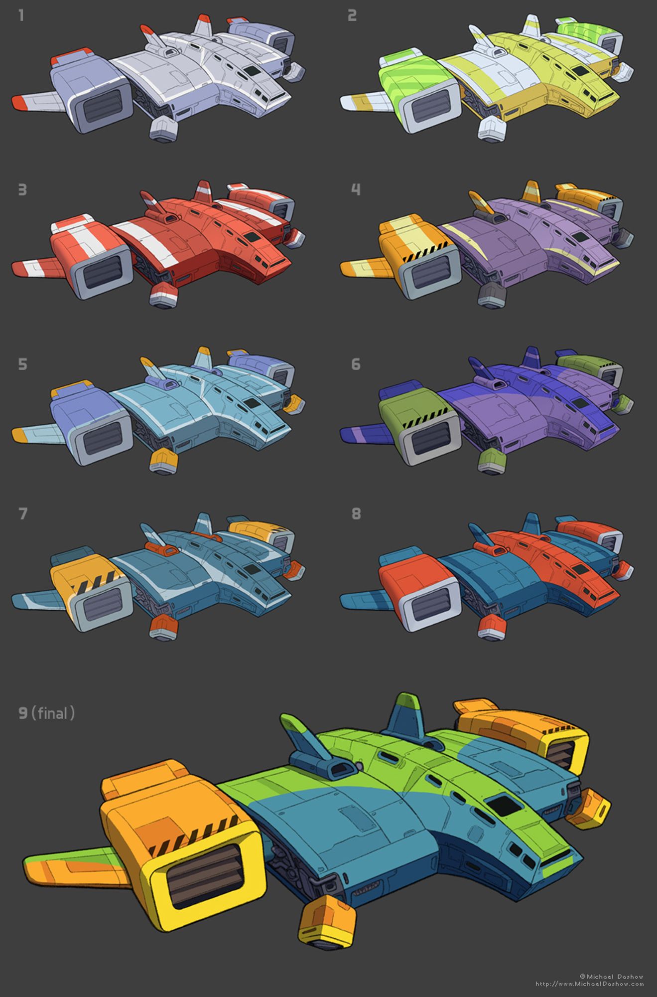 A series of spaceships - all the same ship - with different vibrant color schemes. The final color design - larger than the rest - features teal, green, orange and yellow.