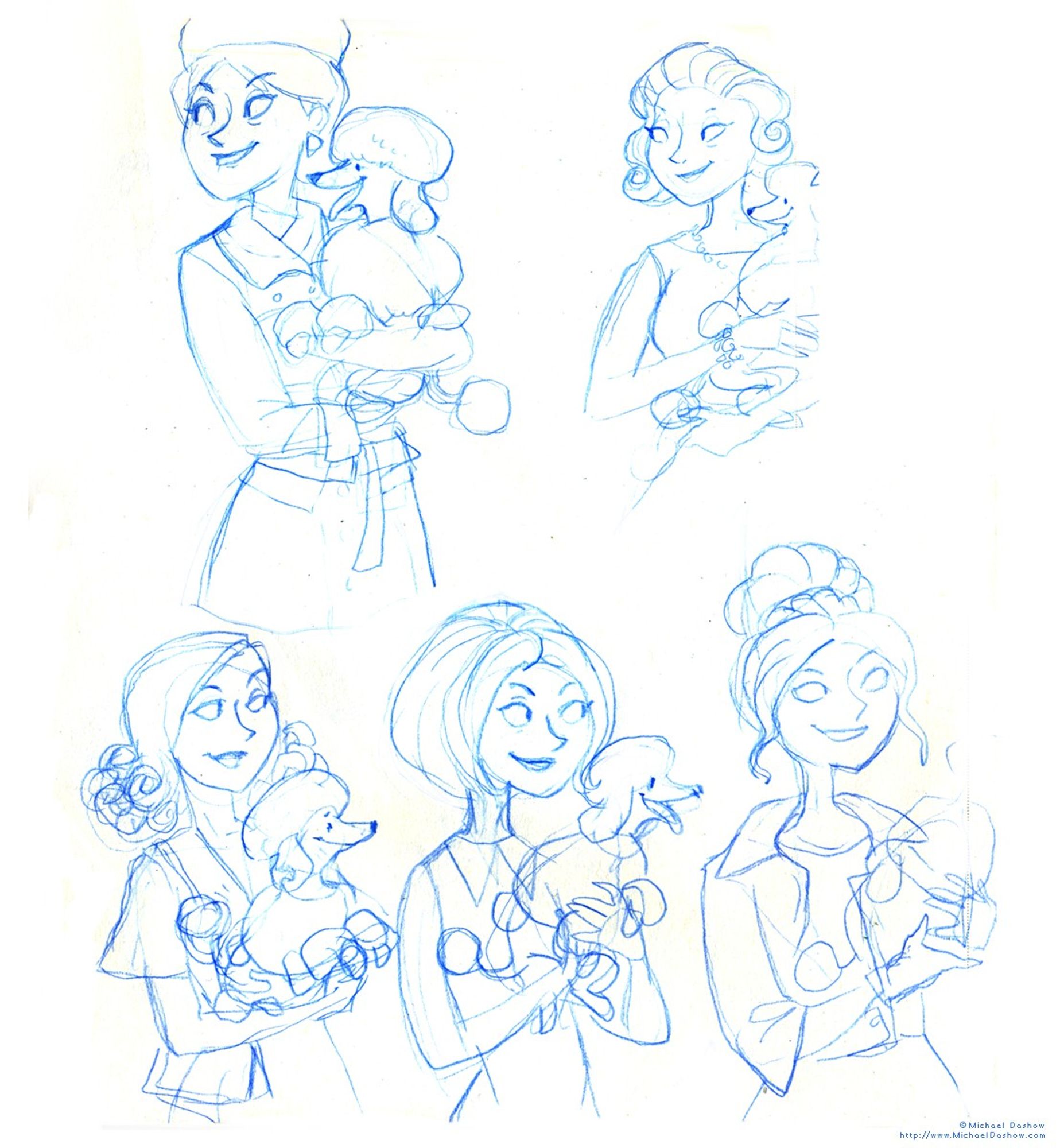 Rough cartoony sketches done in blue pencil of an attractive middle-aged French woman wearing generally haut couture clothing and holding a happy looking French Poodle.