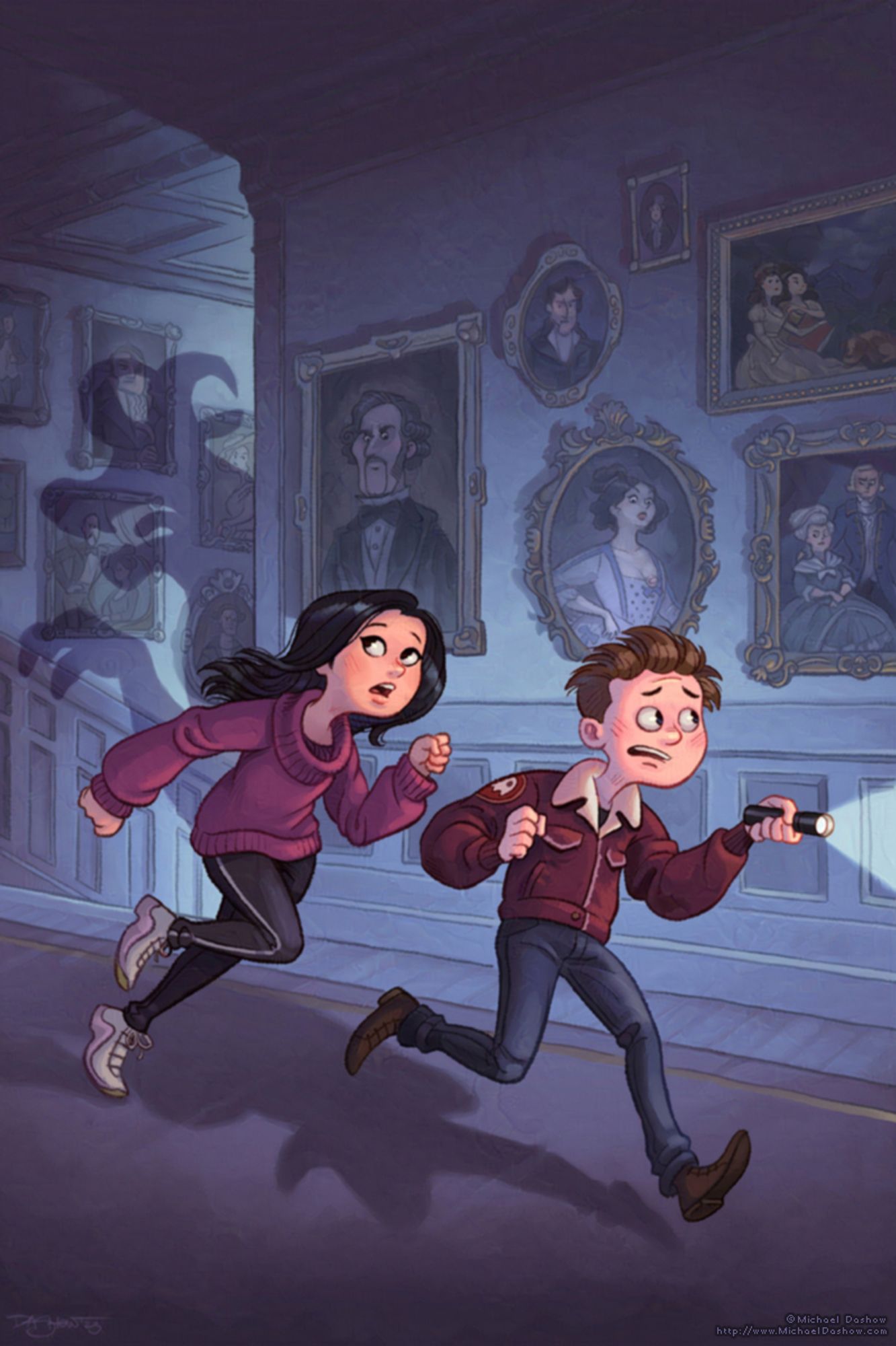 Two kids explore a hallway in a dark mansion. They looks worried, and the boy hods a flashlight. The hallway is lined with paintings in ornate frames, all of the eyes of the paintings watching the kids. We can see the shadow of some sort of horned monster coming up the stairs.