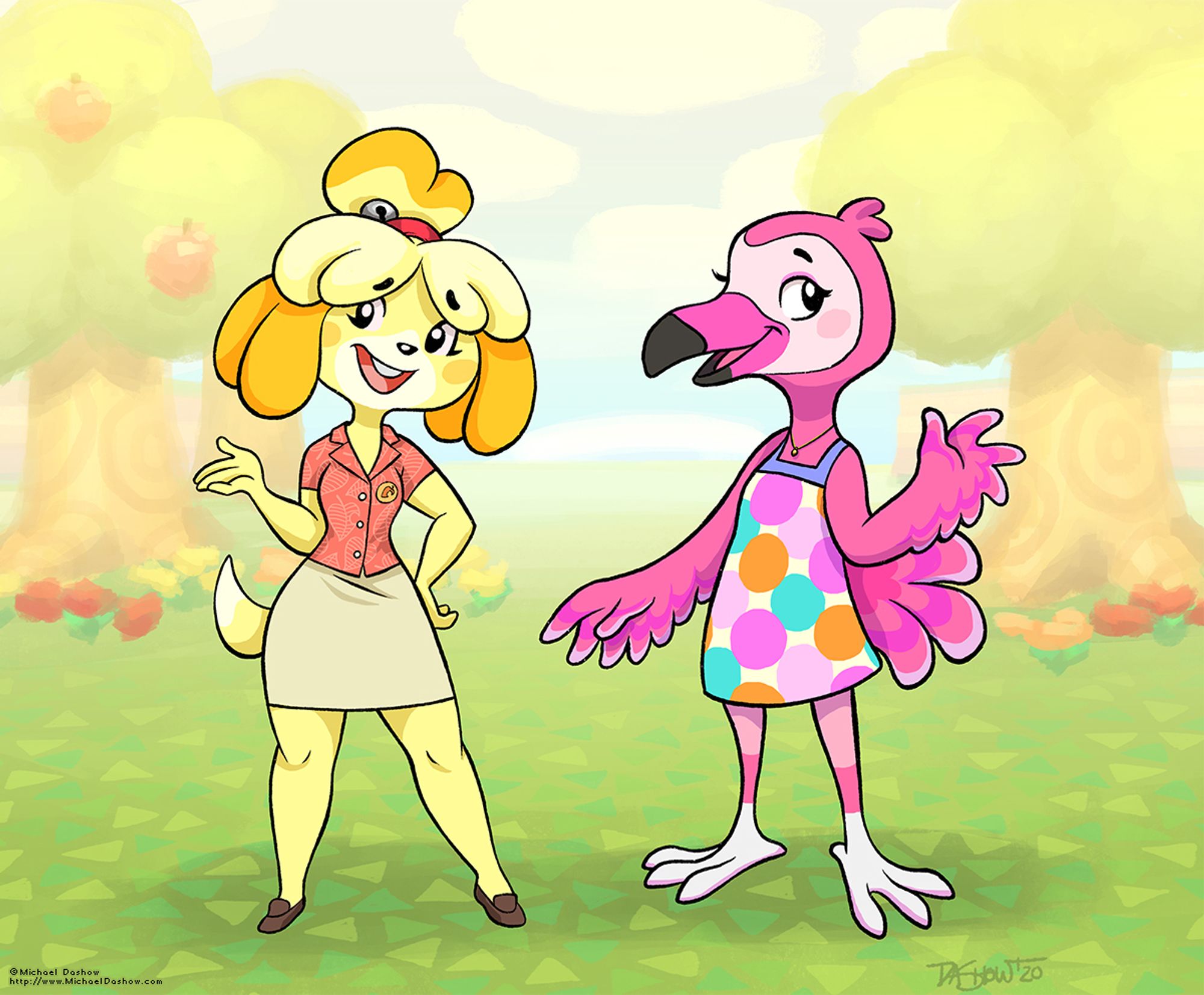 It's Isabel and Flora from Animal Crossing New Horizons, except instead of being super short like they are in the actual game, I've drawn them with taller proportions (~ heads high instead of 2.5) They're hanging out on their island and looking cheerful and waving at you.