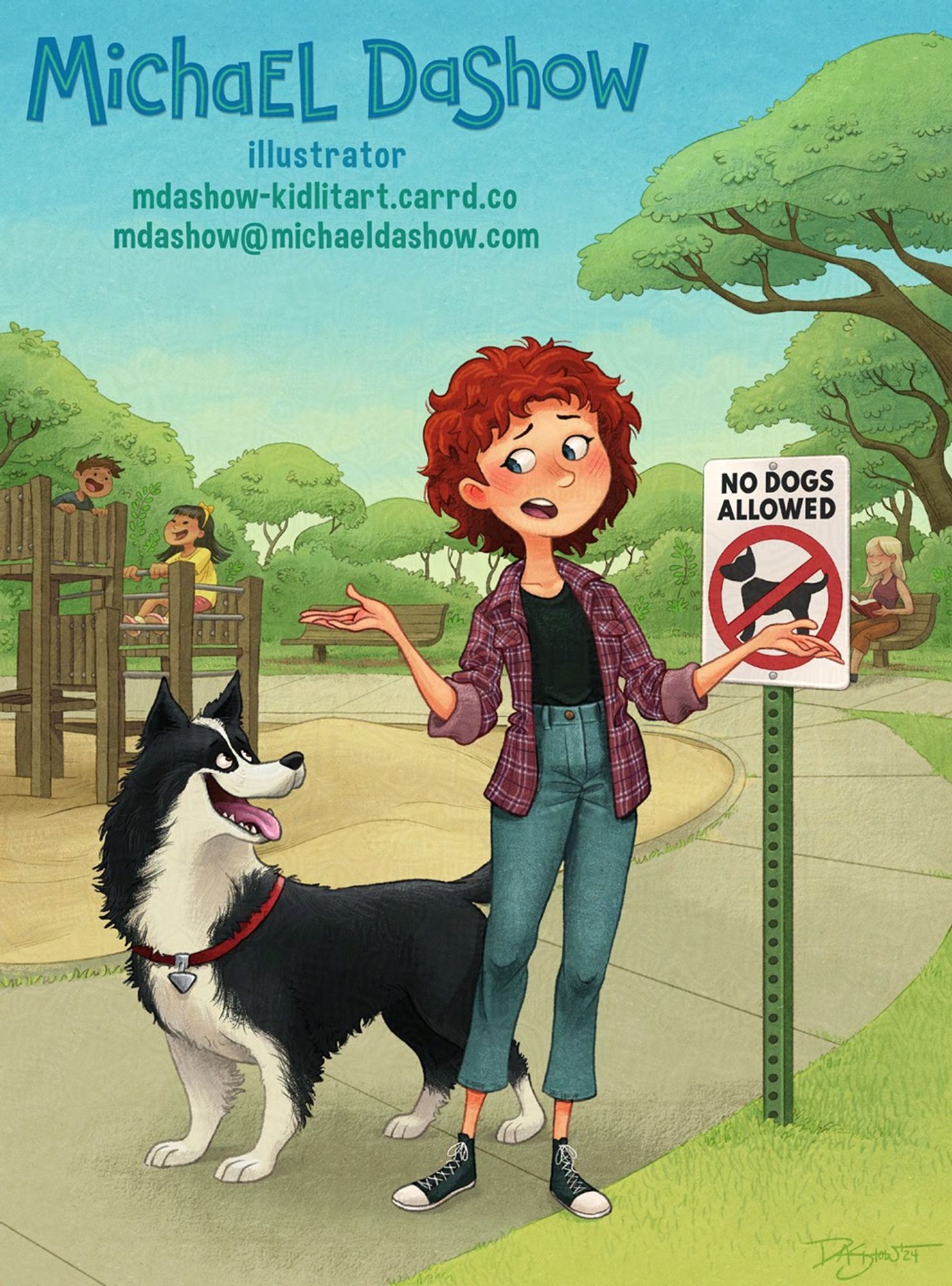 A neighborhood park surrounded by trees, with a jungle gym, sand pit, and benches. A border collie looks up at girl happily. The girl - scruffy short red hair and in jeans, tee shirt, plaid overshirt - is standing next to a sign indicating "No Dogs Allowed" and is shrugging at the dog apologetically.