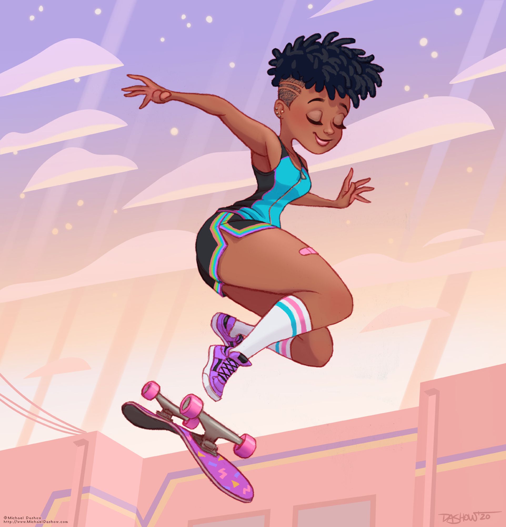 A black woman in 80s-colored clothing does a kick-flip on her skateboard in front of a dreamy pastel sky.