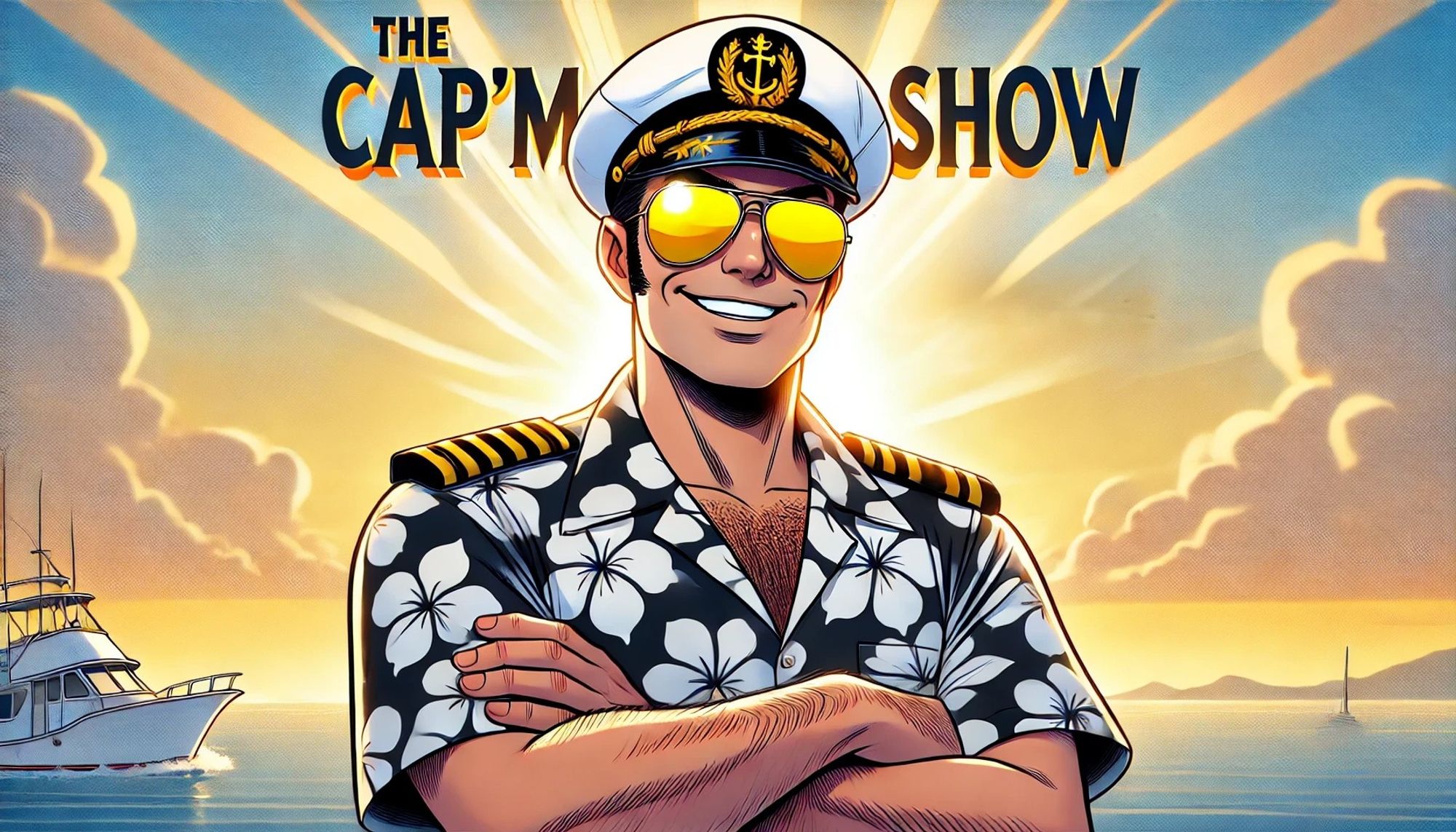 A cel-shaded title card for 'The Cap'm Show' featuring The Cap'm with a light beard, wearing a white captain's hat, aviator sunglasses, and a black Hawaiian shirt with white flowers. The background shows a sunny sky with soft light rays and a 1970s aesthetic, with the title in bold, vintage-style lettering.