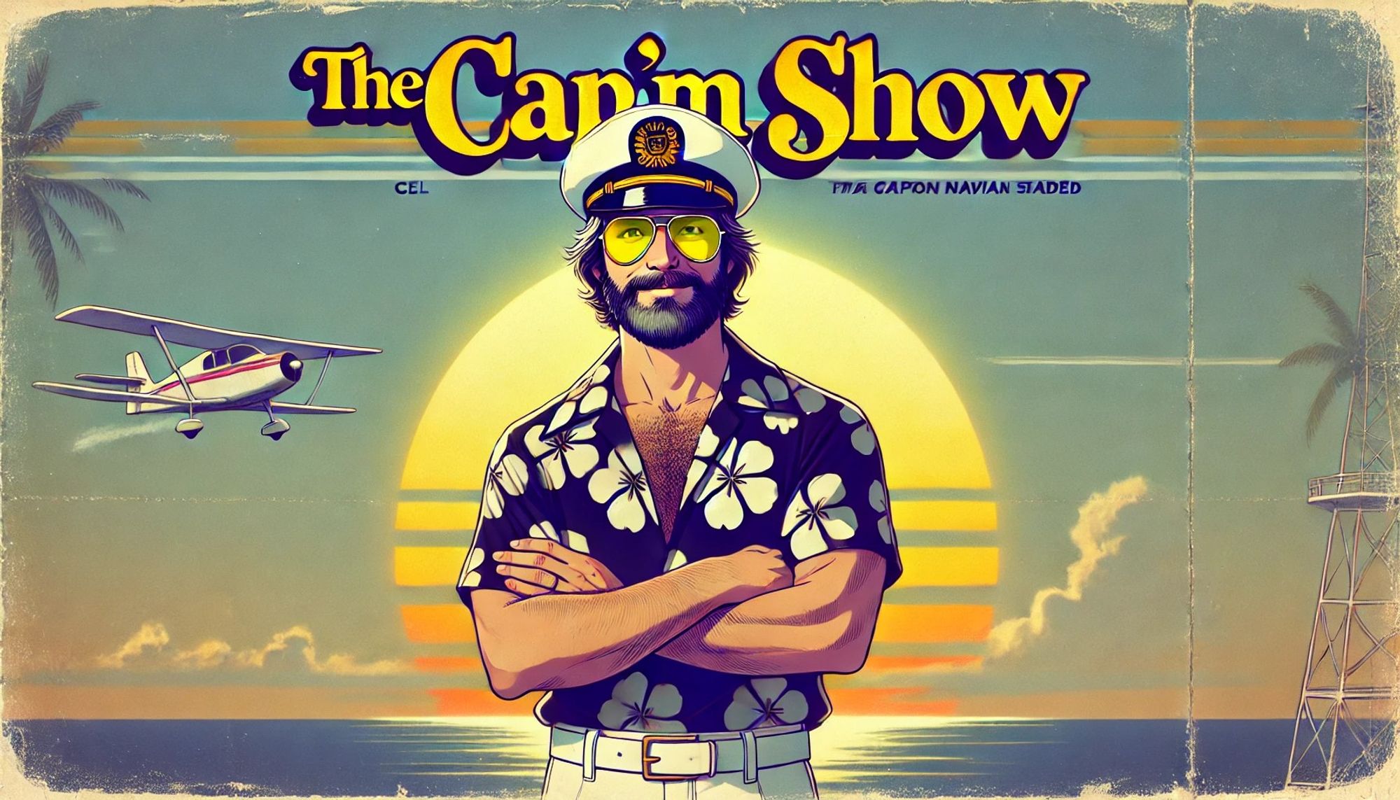 A cel-shaded title card for 'The Cap'm Show' featuring The Cap'm with a light beard. He wears a white naval captain's hat, aviator sunglasses with yellow-tinted lenses, a black Hawaiian shirt with a white flower pattern, and white pants. The background displays a bright, sunny morning sky with soft light rays. The image has a 1970's era aesthetic, with warm, slightly faded colors and a grainy texture. The title 'The Cap'm Show' appears in bold, vintage-style lettering at the top, giving it a retro feel.