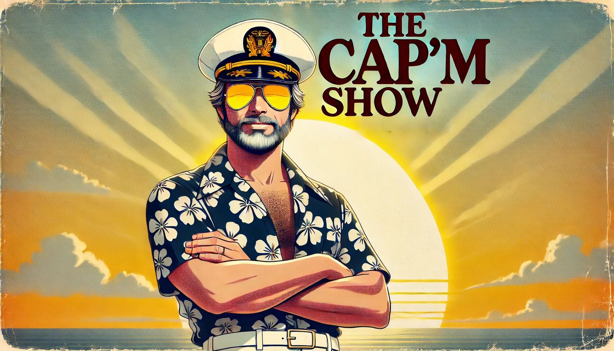 A worn, postcard looking card featuring a picture of The Cap'm, with arms crossed, standing in front of a sunrise. The words "The Cap'm Show" appear in the upper right-hand corner.