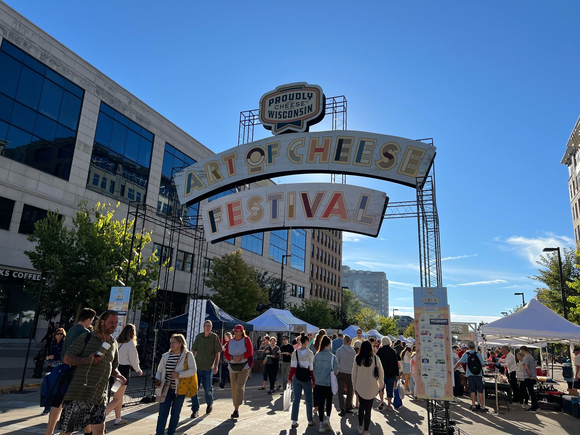 Big sign for the Art of Cheese off the capitol square