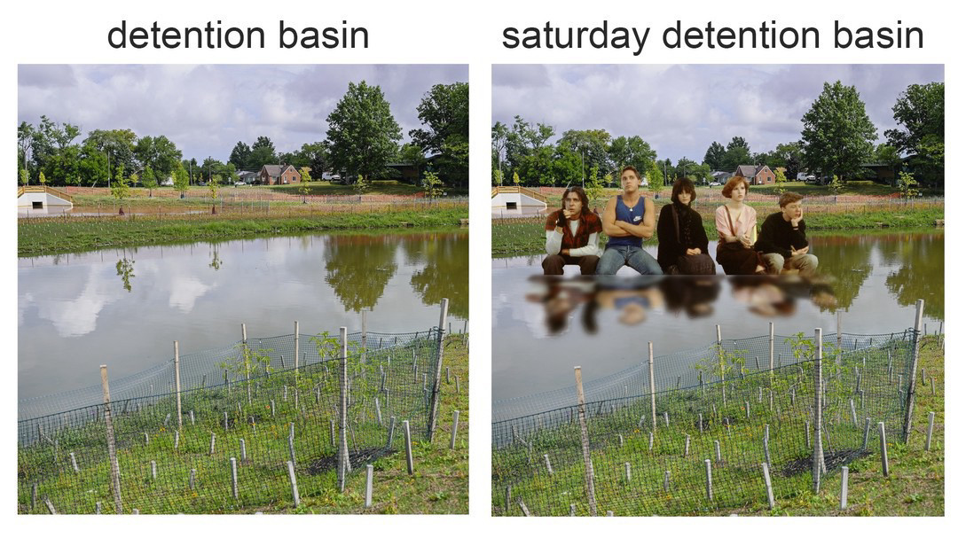 side by side image of detention basins. the left image is labeled “detention basin” and the right image is the same basin but features the Breakfast Club in the middle. it is labeled “saturday detention basin”