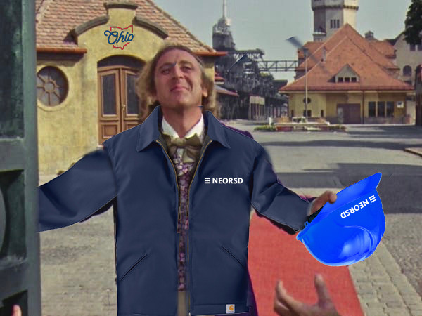 Willy Wonka at the gates wearing a NEORSD labor jacket and holding a NEORSD hard hat