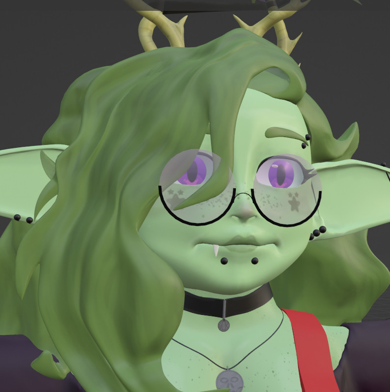 3d model of a green skinned, green haired goblin with long hair and large pointy ears. They are wearing big round glasses and has many piercings