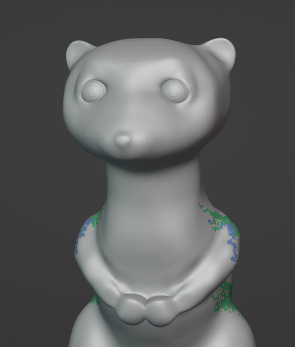 Untextured 3d model of a weasel like creature with a worried expression