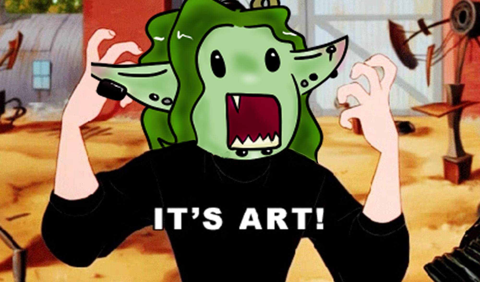 A green haired, green skinned goblin screams "It's art!" in frustration. The background id full of pile of junk