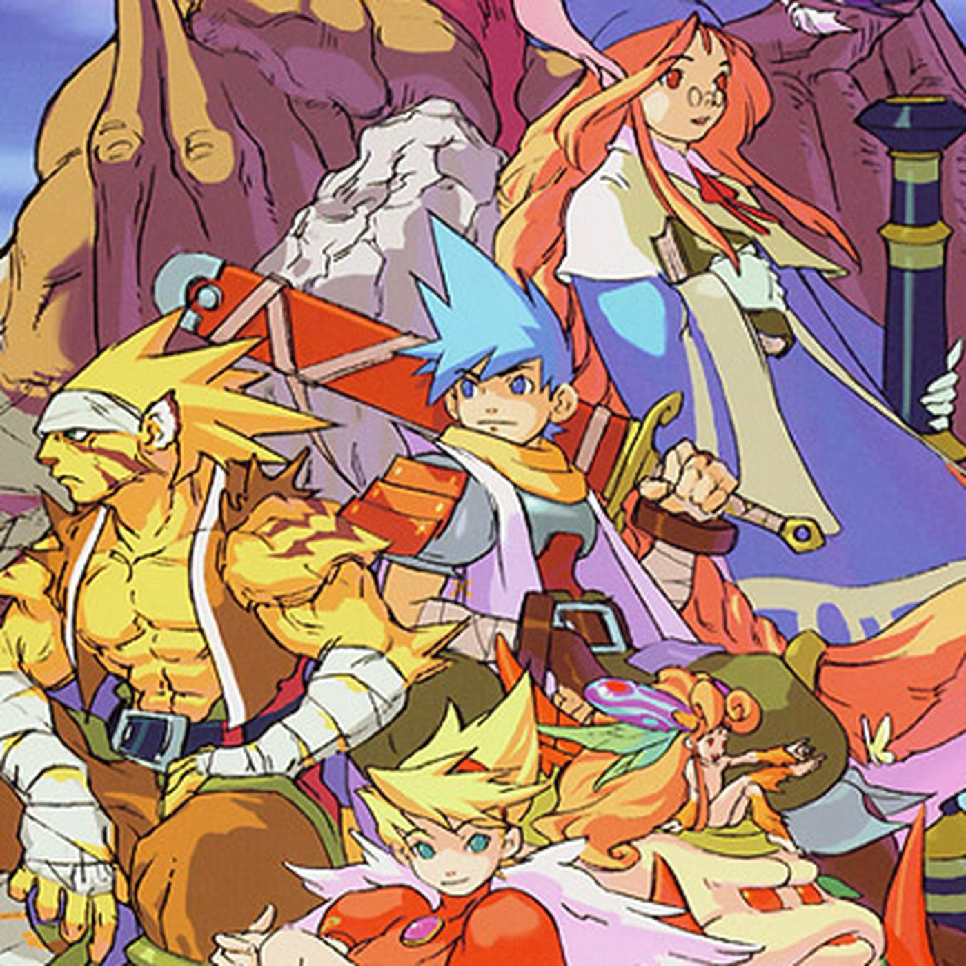 A selection of brightly coloured anime characters, including: A spiky blue haired masc warrior with a red sheathed sword over one shoulder, A rabbit eared fem scholar with long red hair and loose blue robes. A tiger man in rugged brown clothes and arm wraps. a blonde princess with red puffy sleaved clothes and angel wings, a sentient onion with a human like face and finally, a tiny nude fairy with long orange hair.