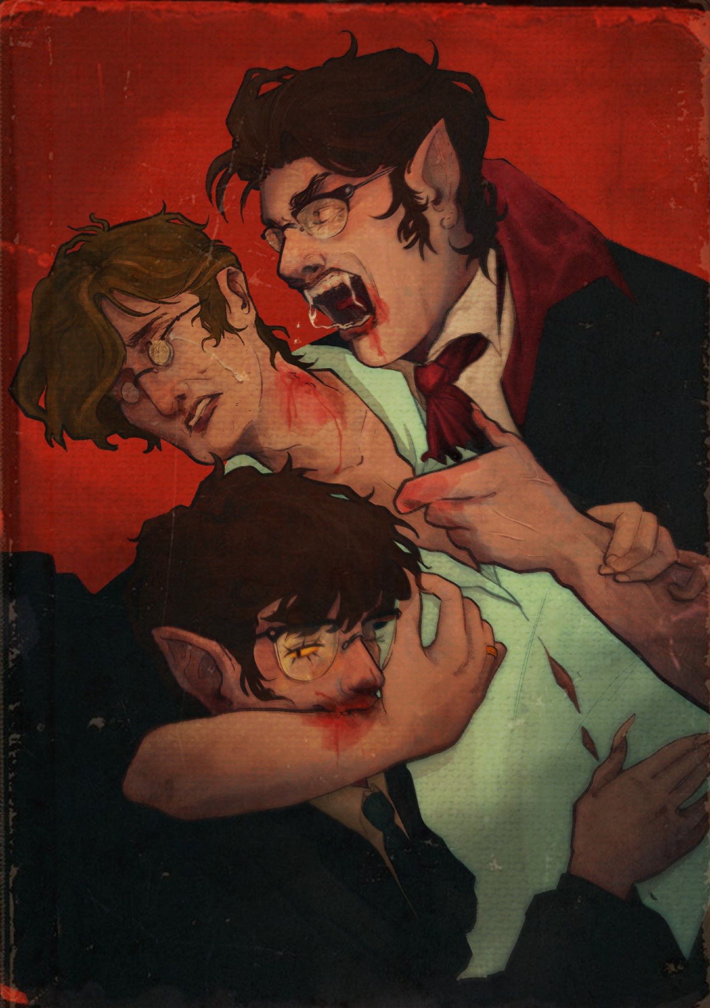 An illustration of young Stan and Ford Pines as vampires, biting Fiddleford McGucket. Bill Cipher is in Ford's eye.