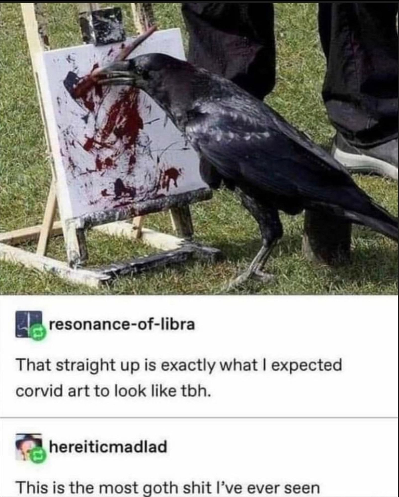 Some maniac has taught a raven to paint. A small canvas is splattered with chaotic streaks of dark red. The raven looks preoccupied.

Two comments beneath the photo:

"That straight up is exactly what I expected corvid art to look like tbh."

"This is the most goth shit I've ever seen."