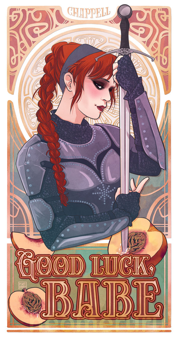 Illustration of Chappell Roan done in an Art Nouveau style. She is wearing armor and stabbing a sword through a glistening peach, with the text GOOD LUCK, BABE