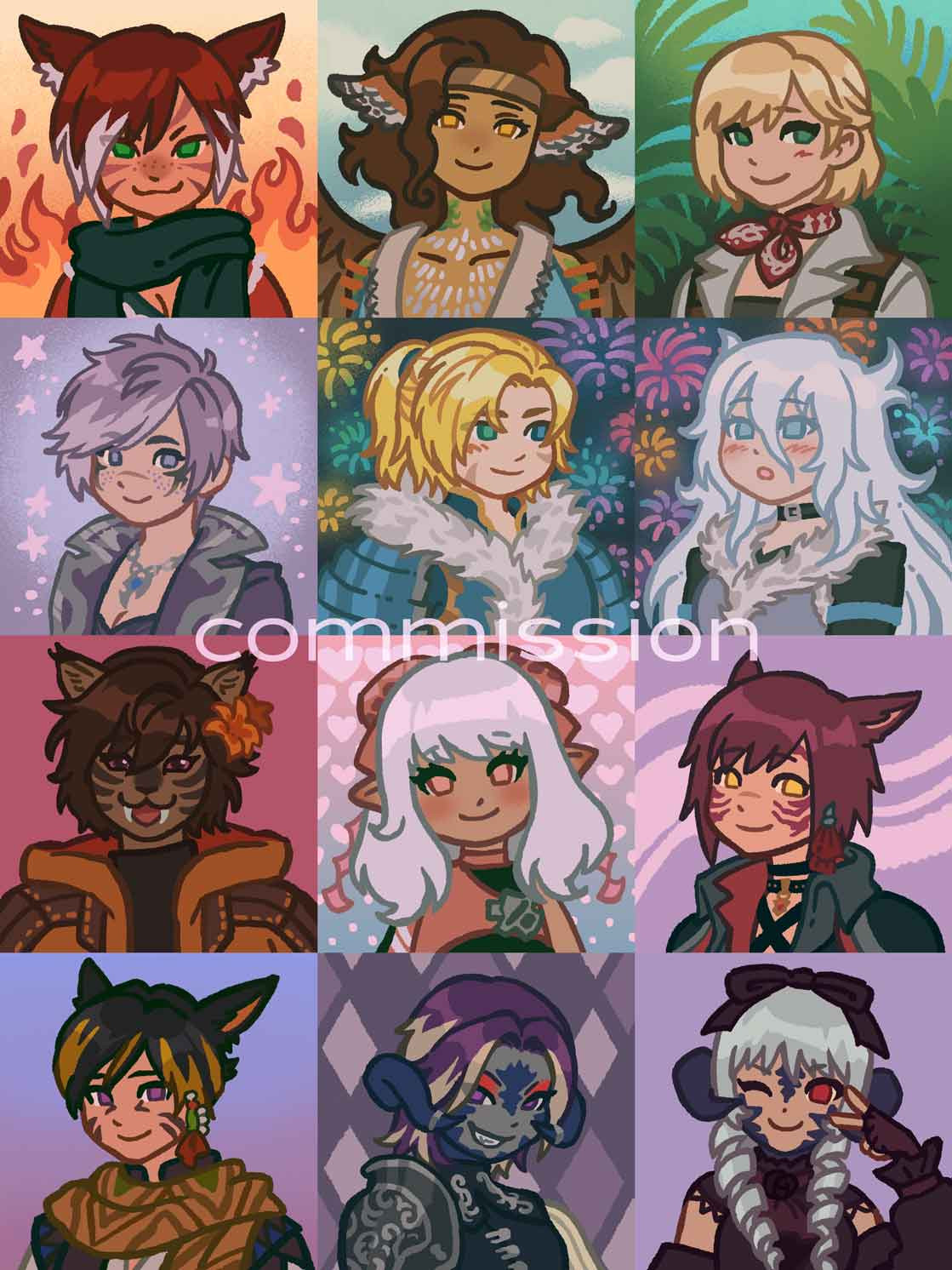 12 chibis of different commissioned ffxiv characters and ocs. lined up in a 3x4 grid pattern.