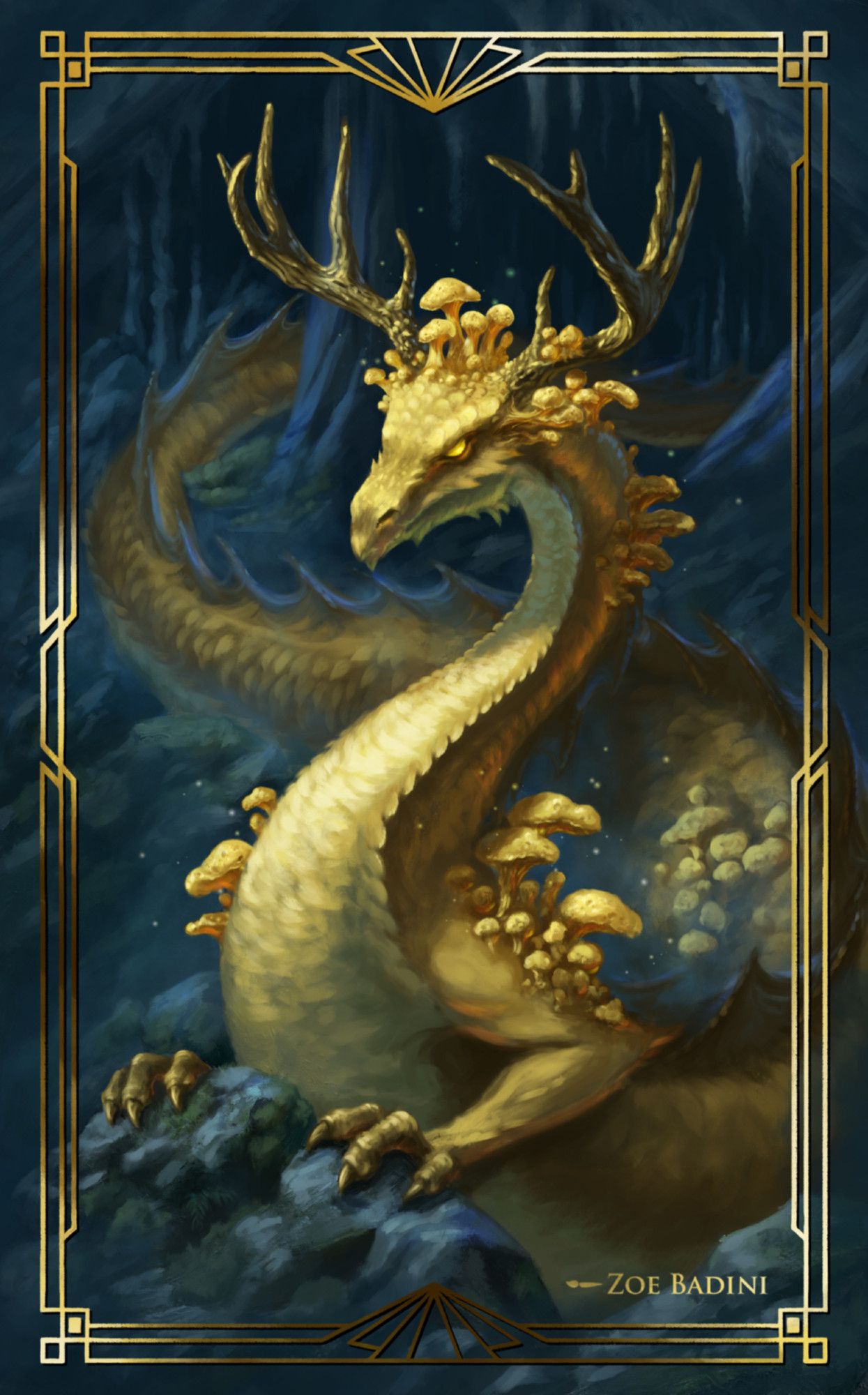 A horned, wingless golden dragon is in a dark cave. He’s resting among the rocks, but attentive towards the observer. Mushrooms sprout from several spots on his body. A warm lights shines on him from above.