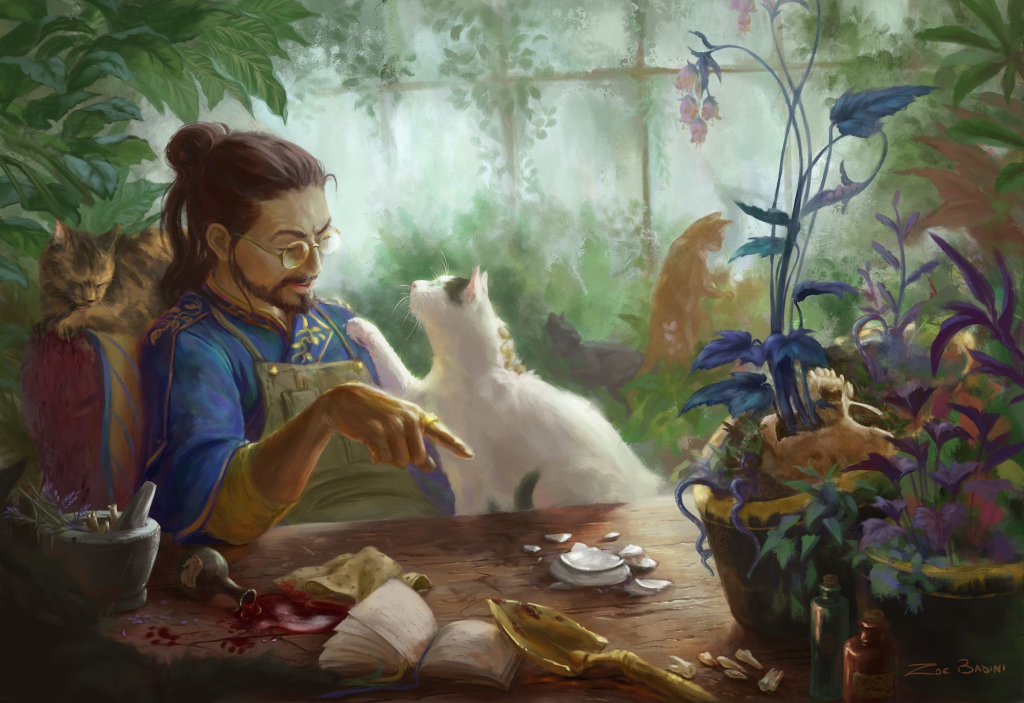 A botanist with a love for felines gently reprimands one of his cats for the latest mischievous deed.