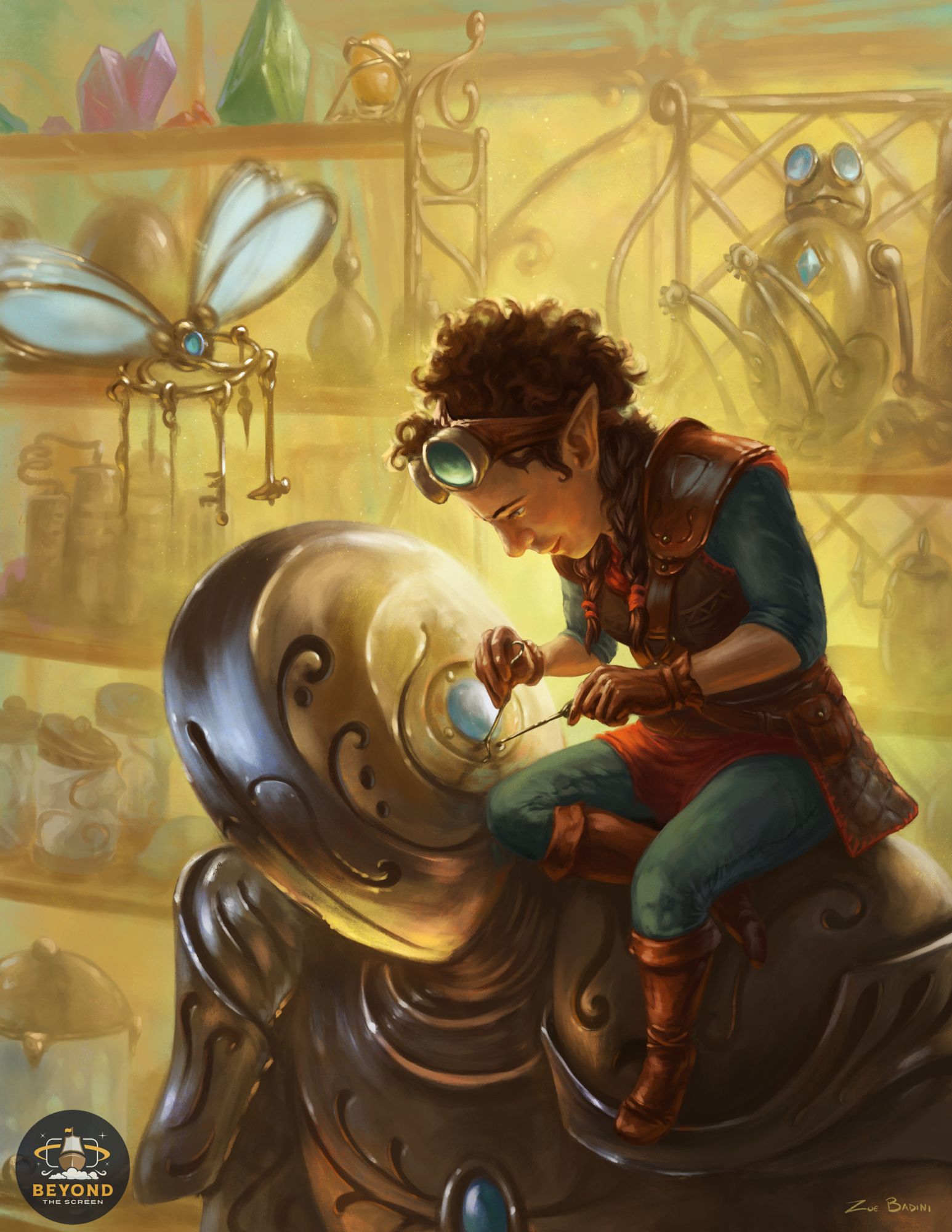 We're in a sunlit artificer laboratory. A young female gnome artificer is applying the finishing touches to her newest construct, a very large metal humanoid. She's sitting on its shoulder while a smaller flying automaton holds her tools.