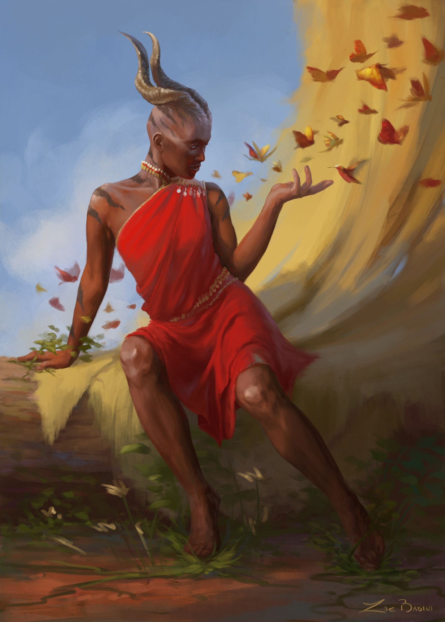 A dark skinned woman with horns and striped skin sits on a large wooden log partially covered by a pale yellow drapery. She's wearing a red dress and some jewellery. Vegetation seems to sprout from the ground under her feet. A swarm of butterflies flies up around her, while a hummingbird hovers close to her extended hand.