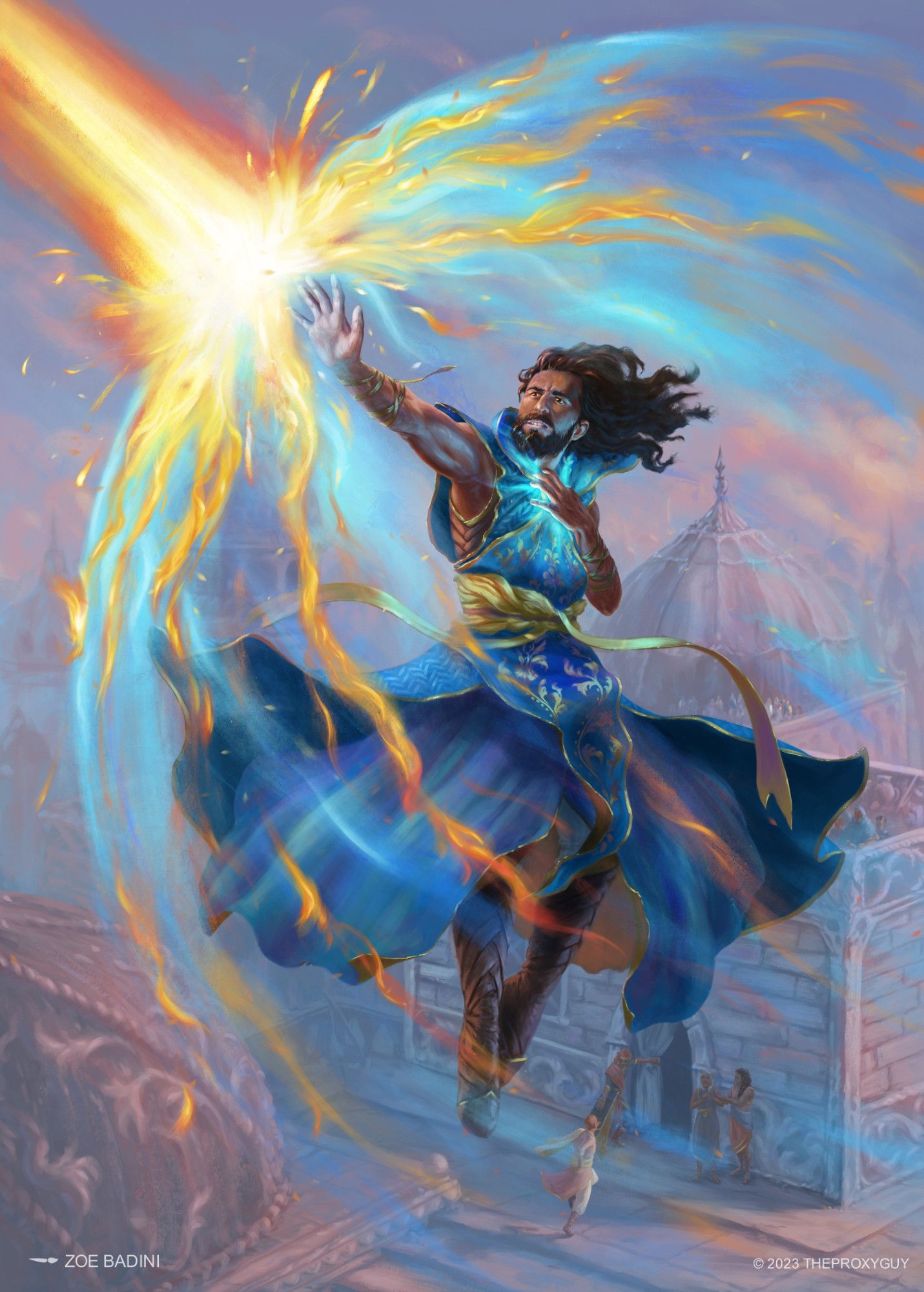 A powerful mage levitating over a city blocks an incoming fire spell with protective shied magic. It is clear he's doing this at great cost for himself.