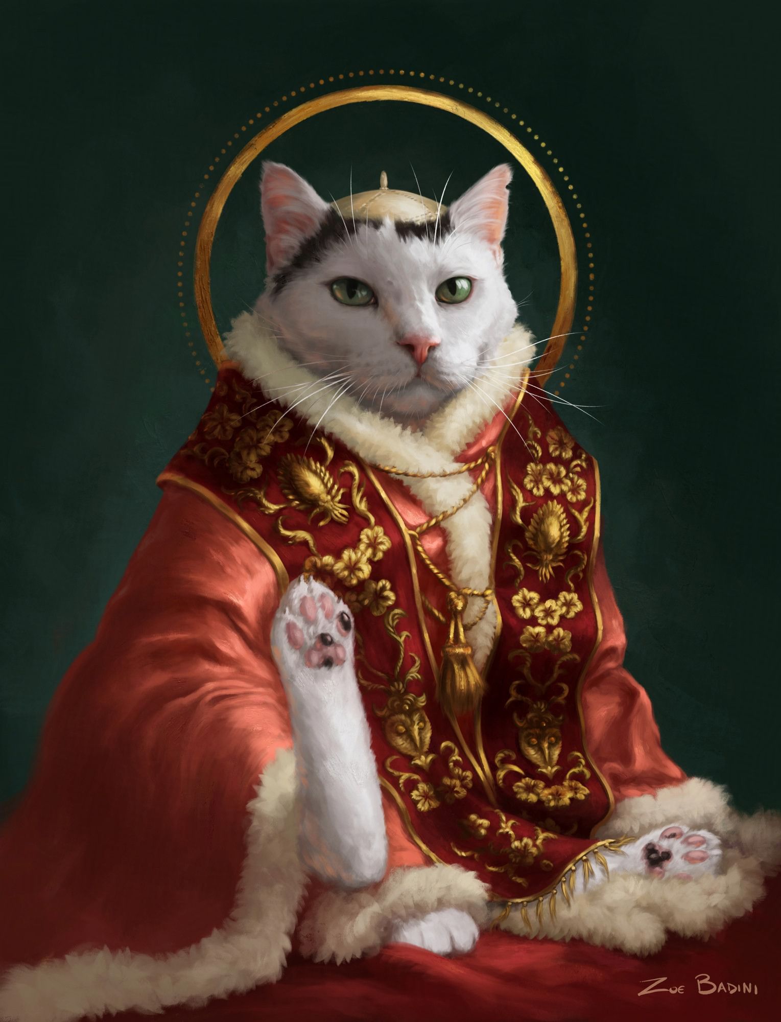 A white cat with black fur on his head sits staring at the camera. He is elegantly dressed in red silks and white furs, like a pope. He's raising one hind paw in a magnanimous gesture.