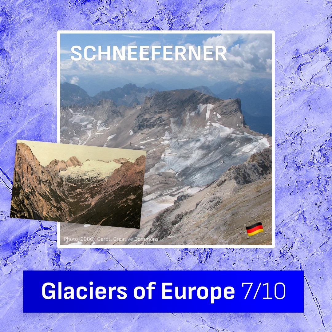 A picture of the Schneeferner in Bavaria, and a colorized photo of the same Glacier about 100 years earlier. This is the Glaciers of Europe Series, Number 7.