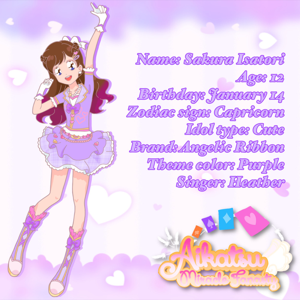 💜 Sakura Isatori 💜
Sakura can be shy at times, and a bit emotional, though she opens up when she gets to know you better. She has a creative and artistic side, as she likes to create art and music when she has the time. Sakura's a cute type idol who uses the brand Angelic Ribbon.