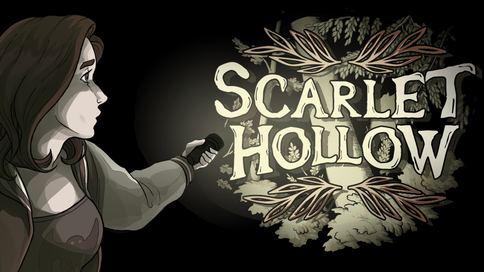 A girl shining a flashlight into the woods where it says Scarlet Hollow