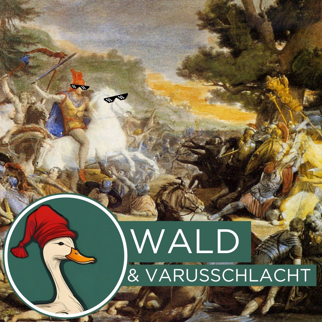 Ausschnitt eines Gemäldes der Varusschlacht. Darauf steht "Wald und Varusschlacht".