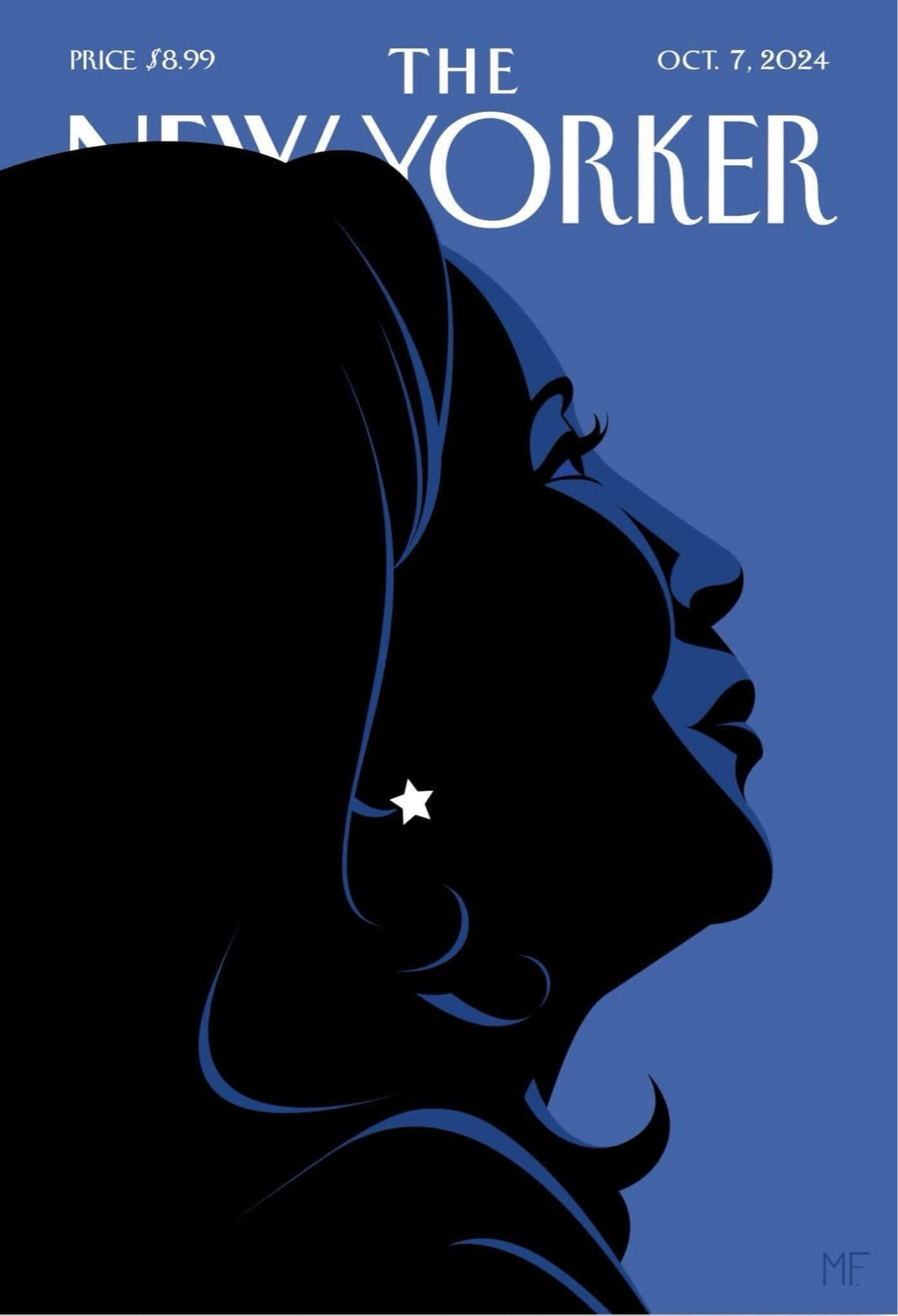 New Yorker cover. A stylized, black silhouette image of Kamala Harris' head & shoulders against a blue background, with a white star-shaped earring.