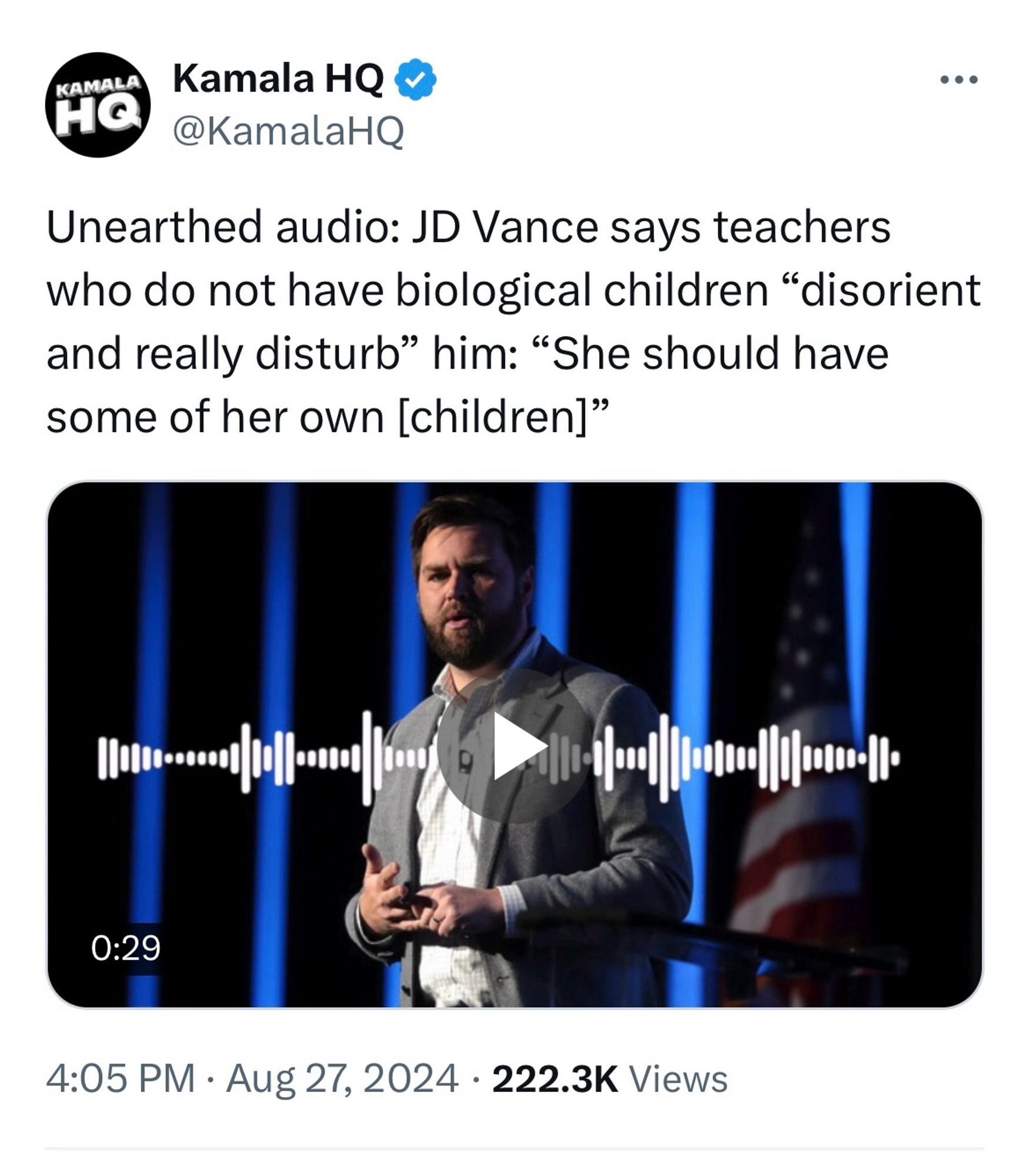 "Unearthed audio: JD Vance says teachers who do not have biological children 'disorient & really disturb him'"