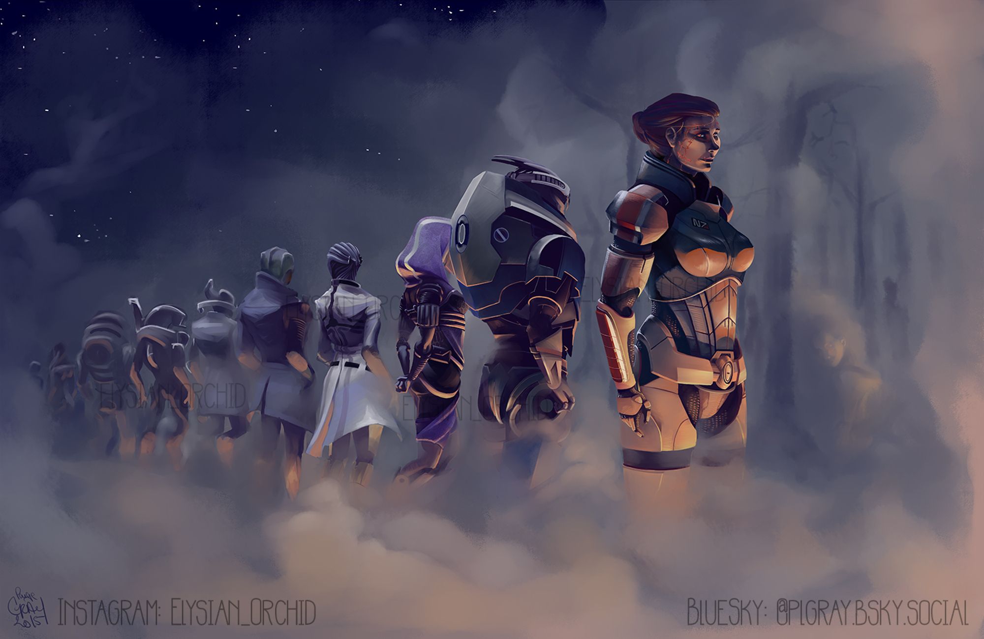 Painted illustration with a cloudy background and foreground with stars at the top and a hazy shot of Commander Shepard's nightmare forest with a faint outline of Star Child. Commander Shepard looks at the view with a somber gaze with the rest of the crew facing away in a line disappearing into the hazy clouds.