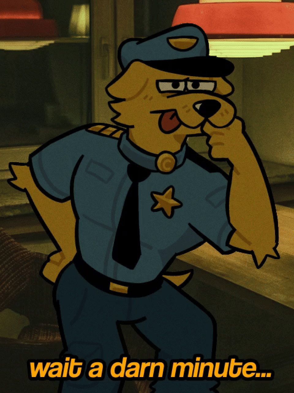 In-uniform Yellow Furry Dog who is a Security Guard inside a dim room, thinking and being suspicious saying "wait a darn minute"