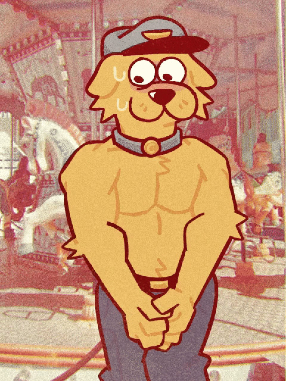 Shirtless Yellow Furry Dog who is a Security Guard at a theme park, fidgeting with his thumbs