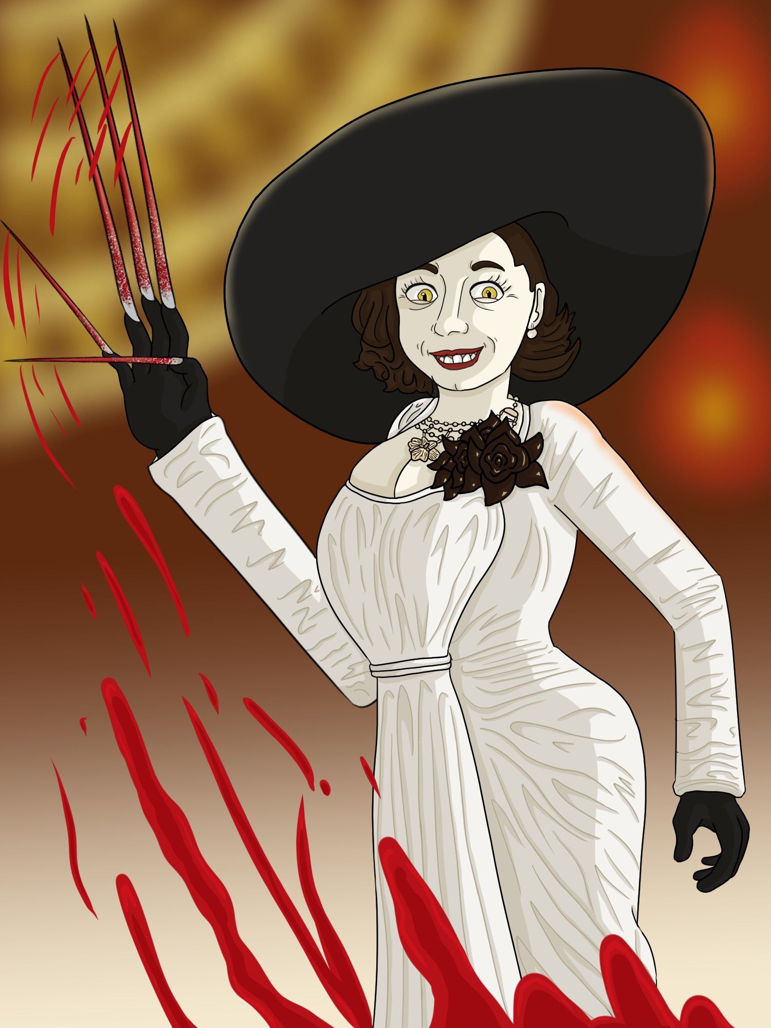 Against a faded candlelit and chandelier background, Lady Alcina Dimitrescu grins evilly as she swipes away her clawed right hand from an unfortunate victim offscreen (spilling blood across the screen).