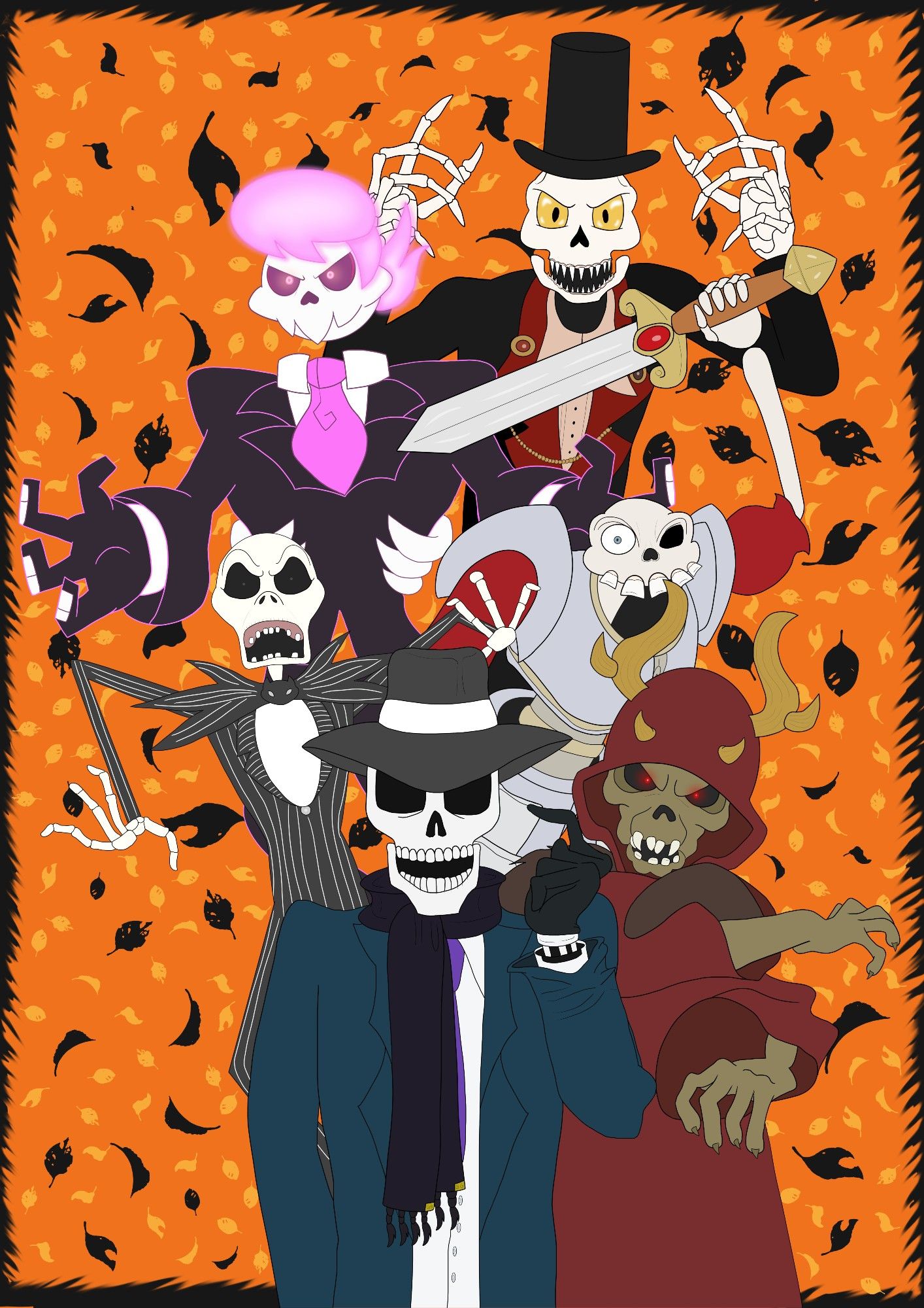 Autumn-themed fanart of skeleton characters: Skullduggery Pleasant (book series), The Horned King (The Black Cauldron), Jack Skellington (The Nightmare Before Christmas), Sir Daniel Fortesque (MediEvil), Lewis (Mystery Skulls), and Itward (Fran Bow).