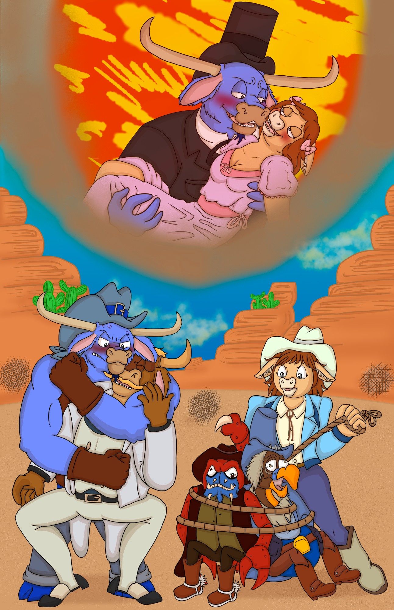 A tribute to the cartoon series of 'Wild West C.O.W.-Boys of Moo Mesa' set in the desert plains. The blue, beefy cowboy Dakota Dude is angrily holding the con artist Jacques Le Beef to the left and the feisty cowgirl Cowlamity Kate has the henchmen Saddle Sore Scorpion and Boot Hill Buzzard wrapped up in her rope. Above them in a sunset is a vision of them in a "Gone With the Wind' style of romantic situation with dapper dressed Dakota loving holding up Kate in his arms, who is looking at with him with affection in an uncharacteristically girly and pink dress and ribbons in her auburn hair.