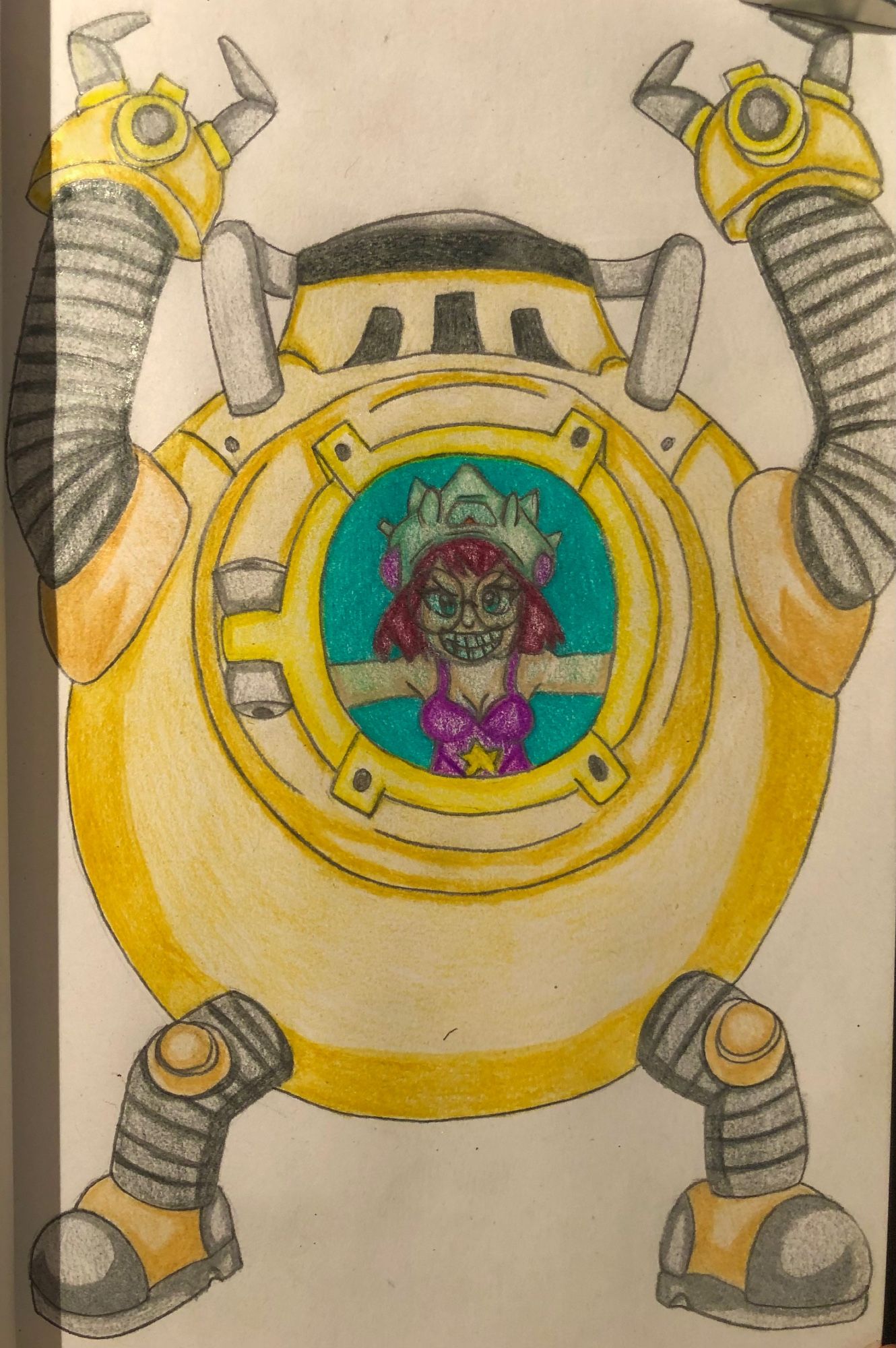 Traditional art of the Coral Siren antagonist from ‘Shantae and the Seven Sirens’. In a circular golden robot with grey and gold arms and feet attached with metal components. The siren is grinning mischievously in the “eye glass” (wearing round glasses and a turquoise shell hat).