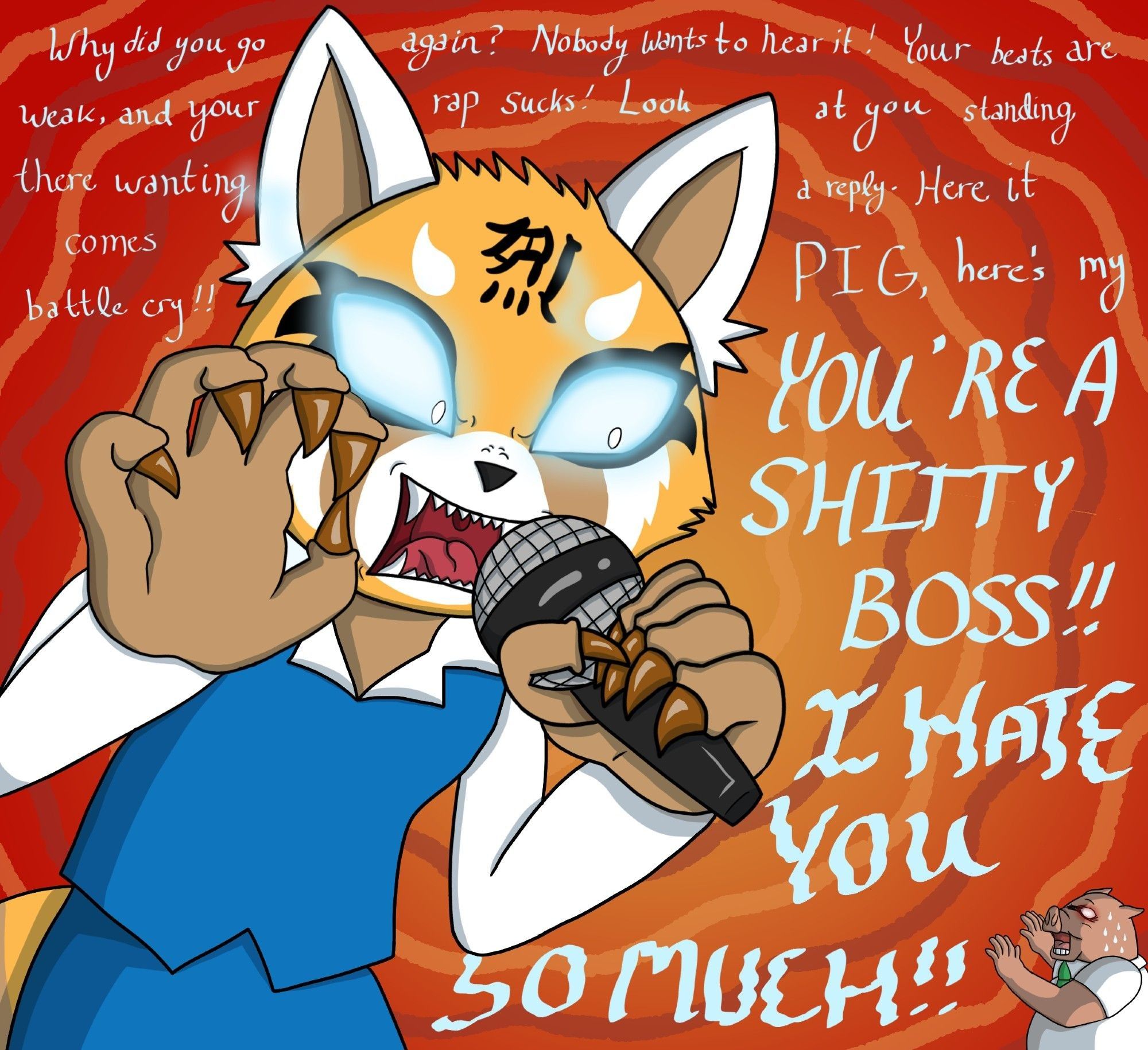 Retsuko the red panda screaming death metal lyrics at her mean pig boss from the anime series 'Aggretsuko'.