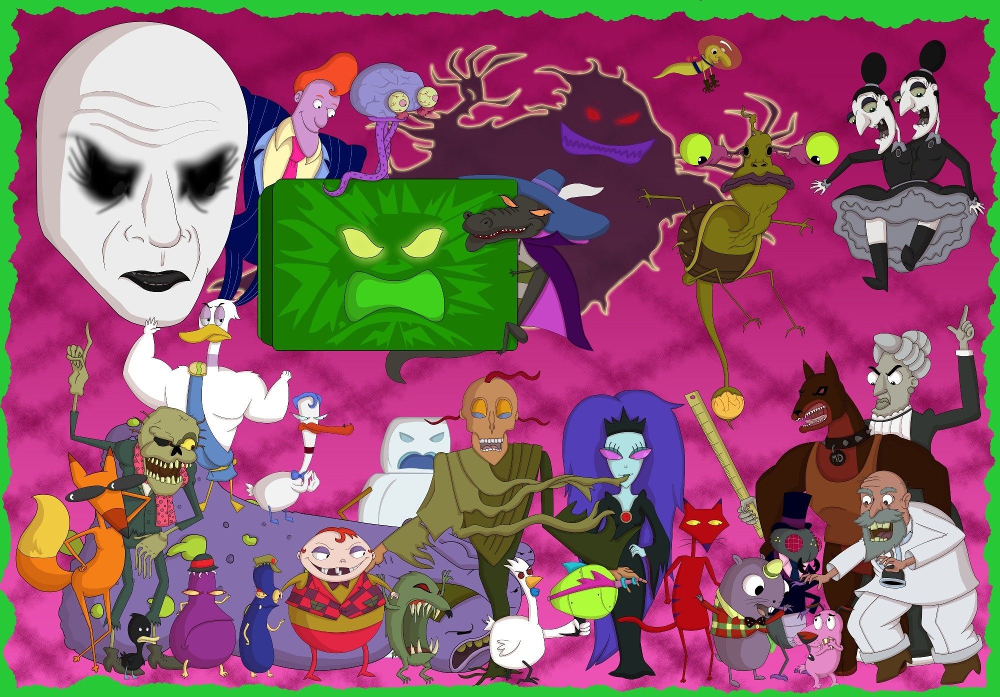 Nightmare fuel fanart tribute to 'Courage the Cowardly Dog' amongst a magenta background and neon green border. Multiple antagonists are surrounding a frightened Courage in the bottom right corner to showcase the scary and creepy elements of the cartoon.