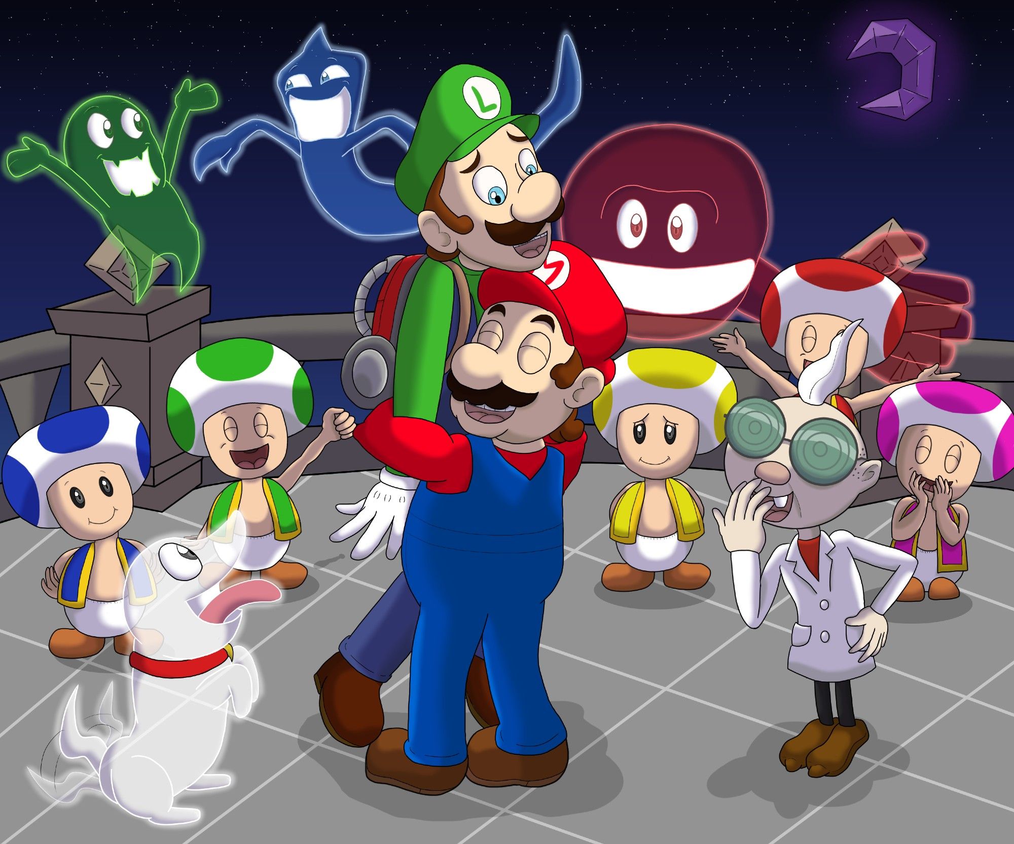 A central piece contributing to the ending of 'Luigi's Mansion 2'. Luigi is being embraces and lifted up by Mario on a mansion balcony in the night time with the fixed, curved Dark Moon in the upper right corner. Surrounding them in celebration are ghosts, Professor E.Gad, Toads, and Polterpup.