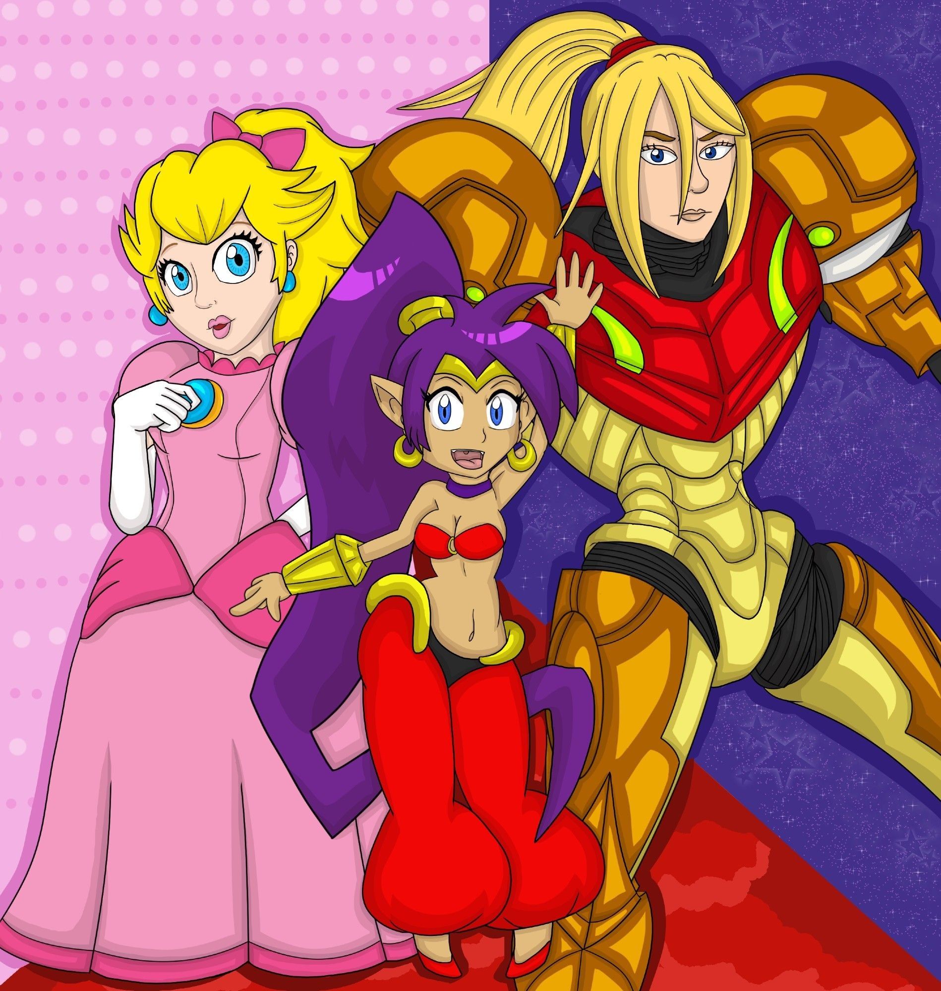 Triad of female video characters as a triad for "International Women's Day". From left to right is Princess Peach, Shantae, and Samus Aran to show the diversity of female characters.