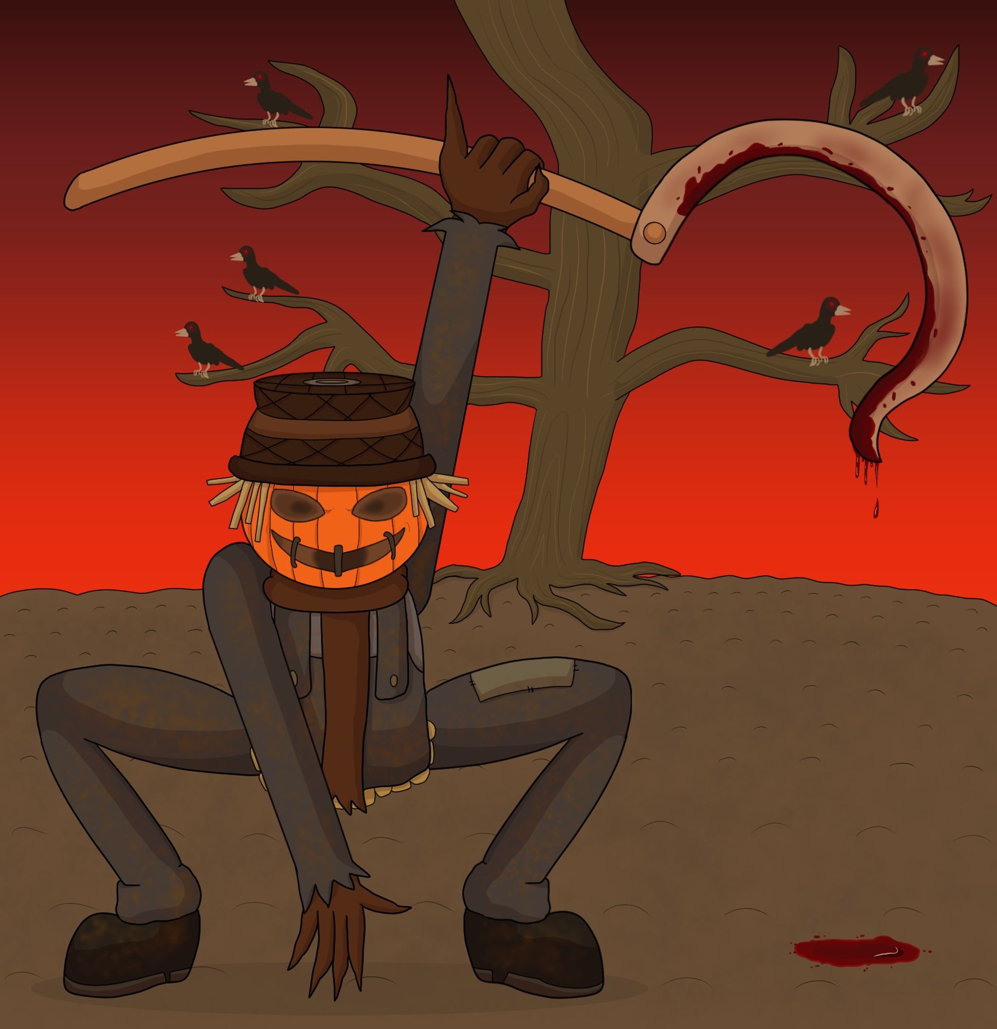 A "Red Fingers" birthday tribute. Against an eerily red sunset background (with a lone, bare tree bearing red-eyed crows on the branches), a creepy pumpkin-headed scarecrow figure in dirty overalls is crouched while raising his bloody scythe in the air (staring directly at the viewer and a puddle of blood dripping onto the dirt).