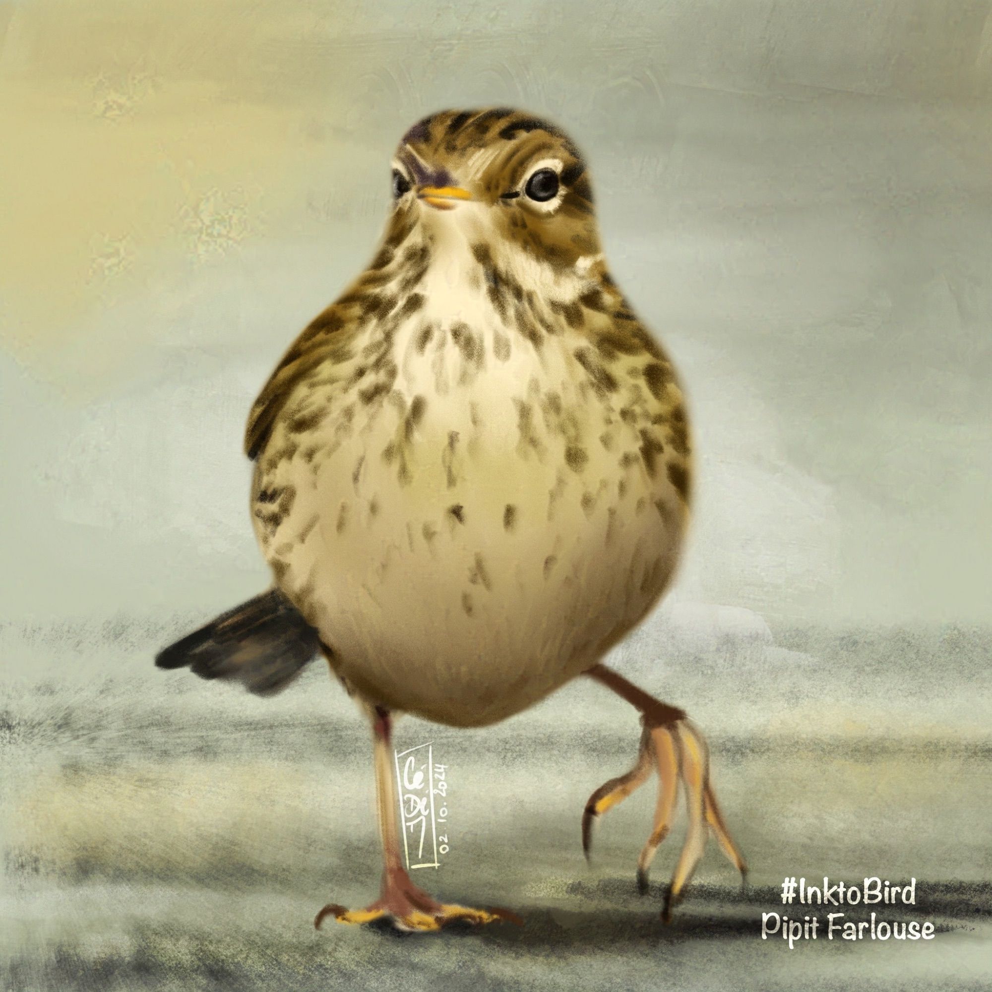 Dessin d’un pipit farlouse (un petit passereau brun au plumage rayé, ventre beige clair ponctué de petites taches brunes) en train de marcher sur un sol grisâtre.