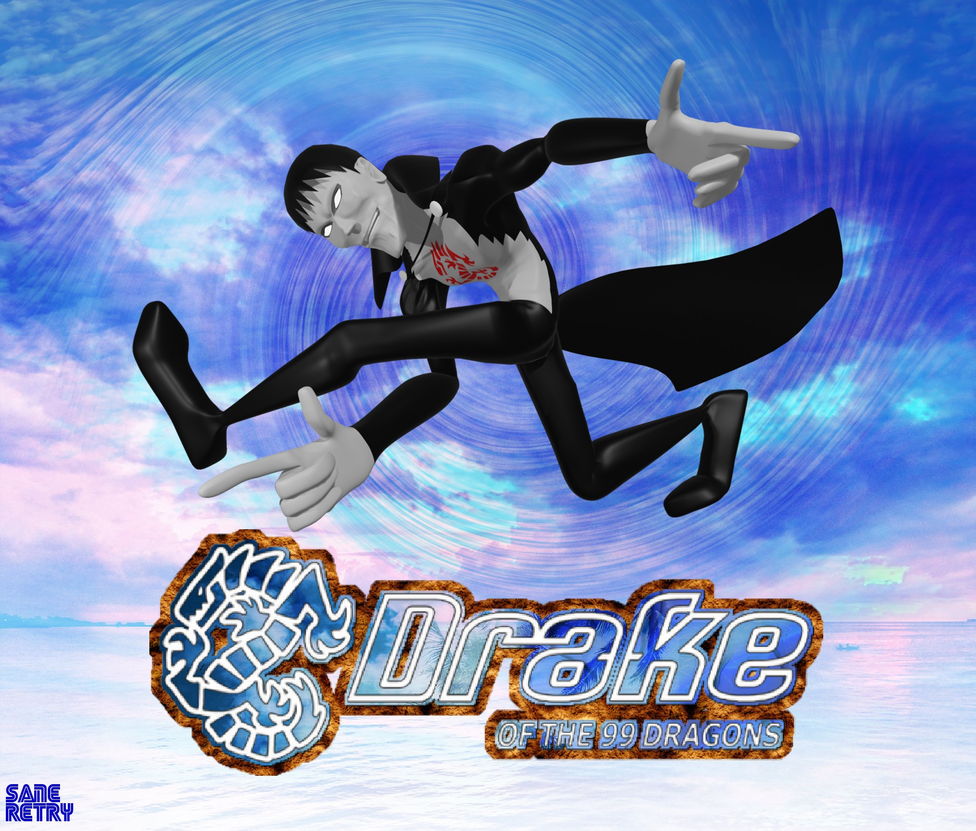 Drake, from the game Drake of the 99 Dragons, poses in Sonic the Hedgehog's famous pose from the cover of Sonic Adventure. The font and tropical themed background also match the cover of Sonic Adventure. I like rendering characters in the Sonic Adventure pose. It's funny.