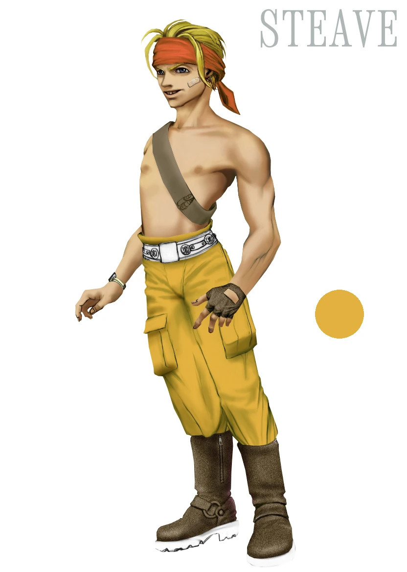 This is the concept art for Steve Burnside from Resident Evil Code: Veronica. An unused design. He is blonde with a red bandana. He has a bandaid on his left cheek. He wears no shirt, but does have a brown leather bandolier slung diagonally across his chest. It has no bullets on it, but appears to hold two small drill bits. He wears mustard yellow cargo pants and a white belt with a white buckle. He wears a fingerless brown leather glove on his left hand. His right wrist has a watch or possibly a bracelet on it with a very thin band, which is also white. His yellow pants are tucked into brown leather boots with tall white treads underneath. He looks very different from his appearance in Code: Veronica. In the top right corner of the picture, his name is spelled incorrectly with an "a" in it: S T E A V E. So that's what I call him: Steave.